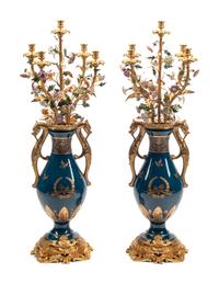 A Pair of Large Continental Gilt Bronze and Porcelain Five-Light Candelabra