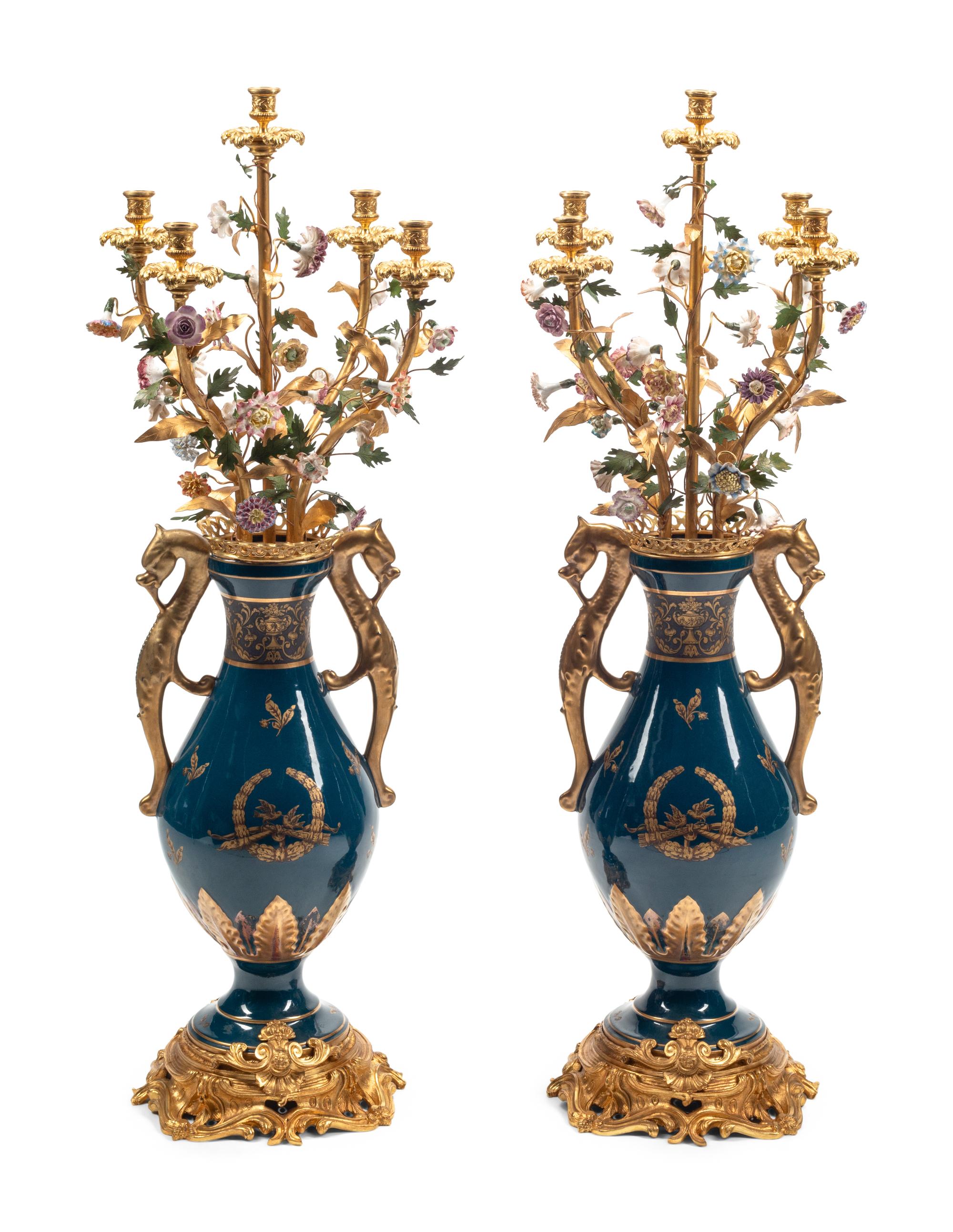 A Pair of Large Continental Gilt Bronze and Porcelain Five-Light Candelabra