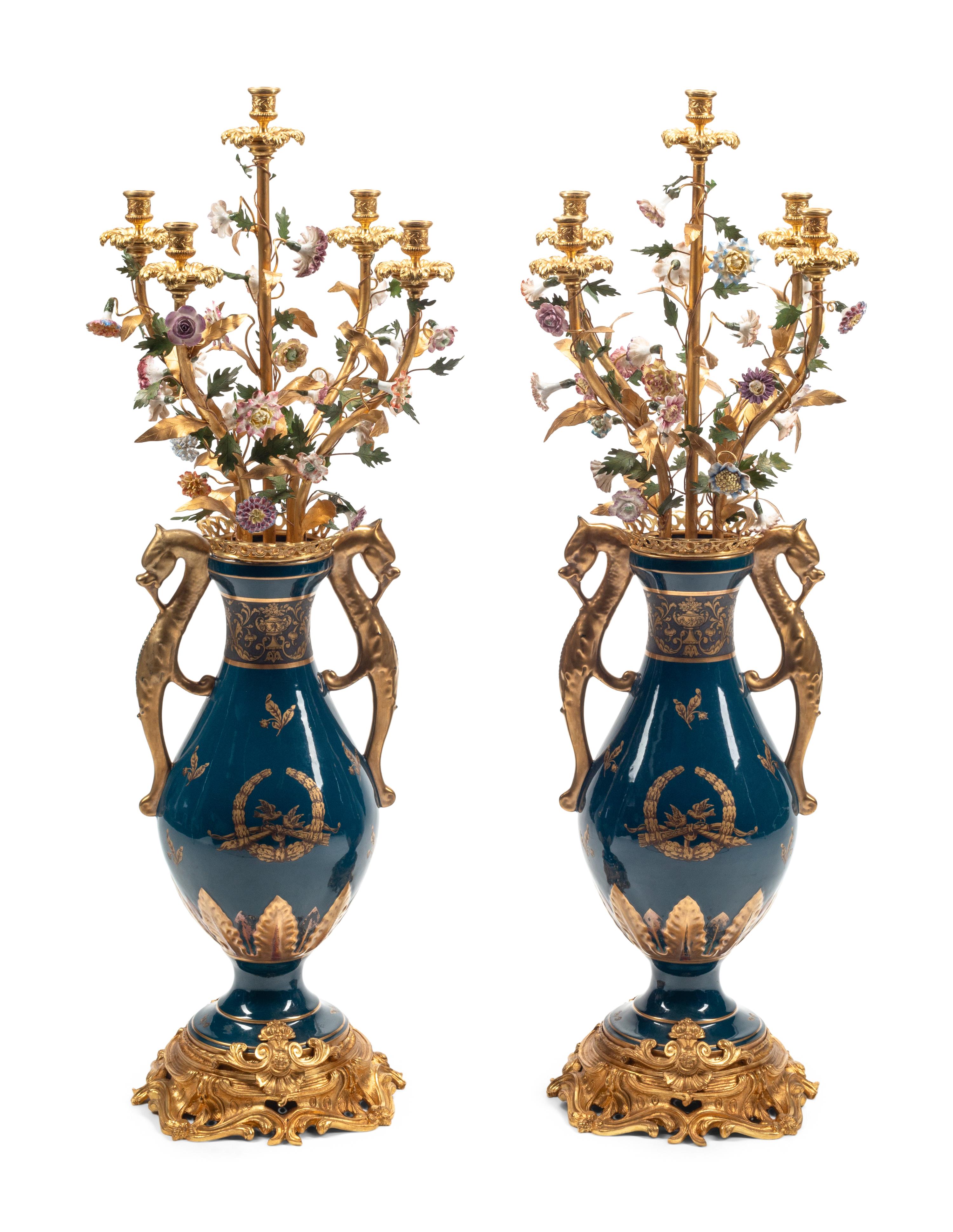 A Pair of Large Continental Gilt Bronze and Porcelain Five-Light Candelabra