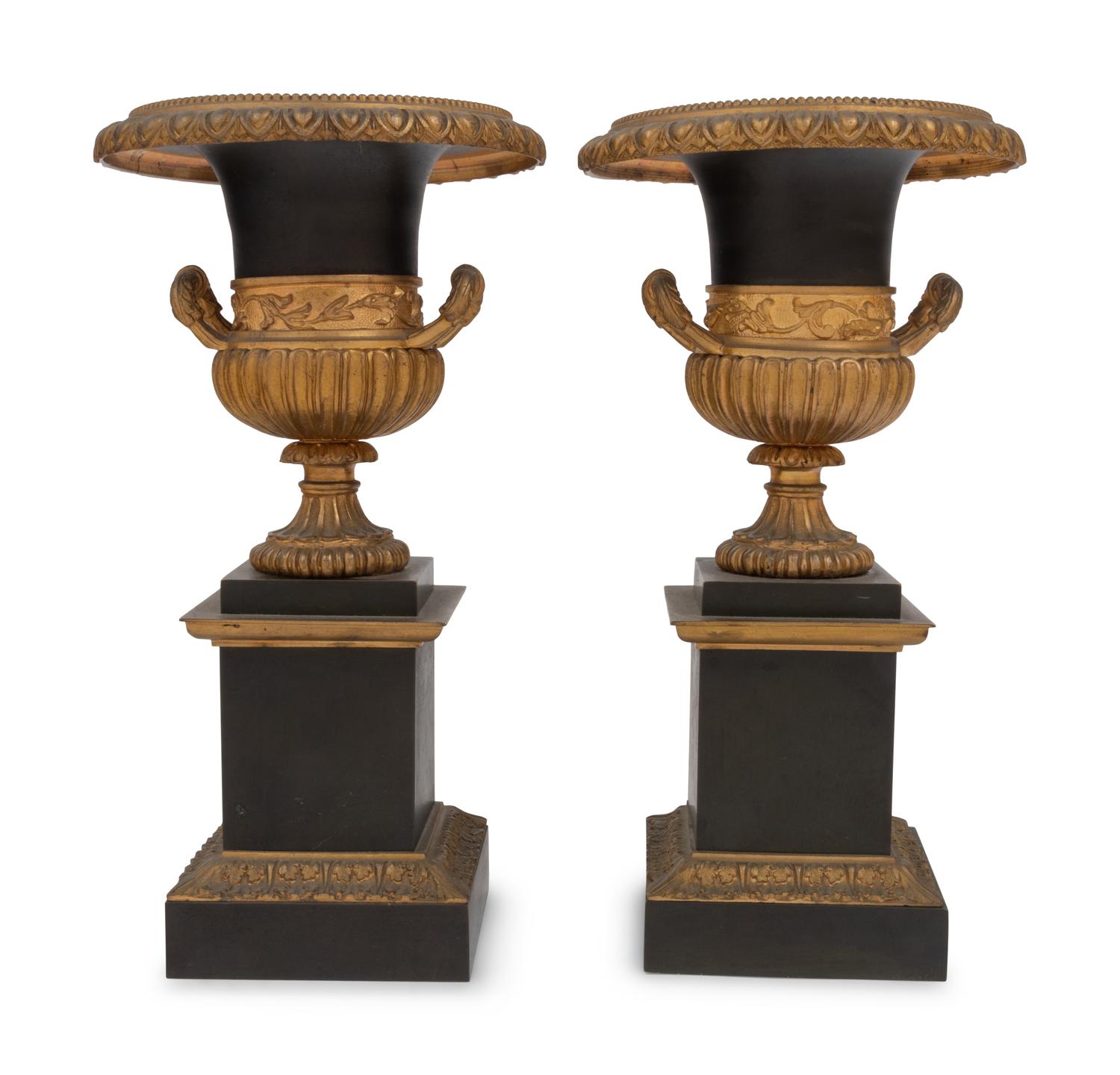 A Pair of Continental Gilt and Patinated Bronze Campagna Urns
