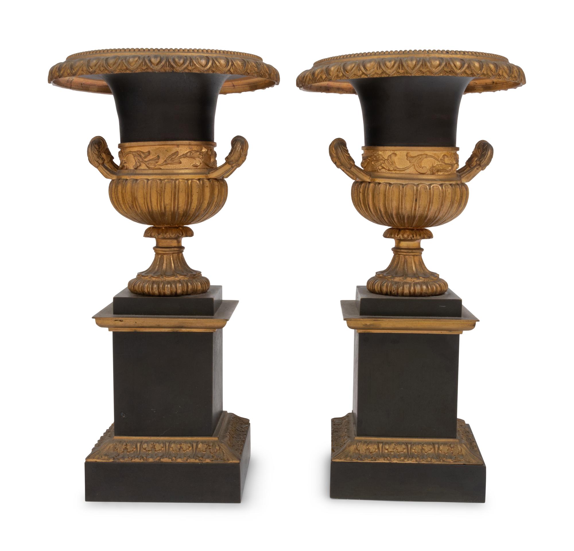 A Pair of Continental Gilt and Patinated Bronze Campagna Urns