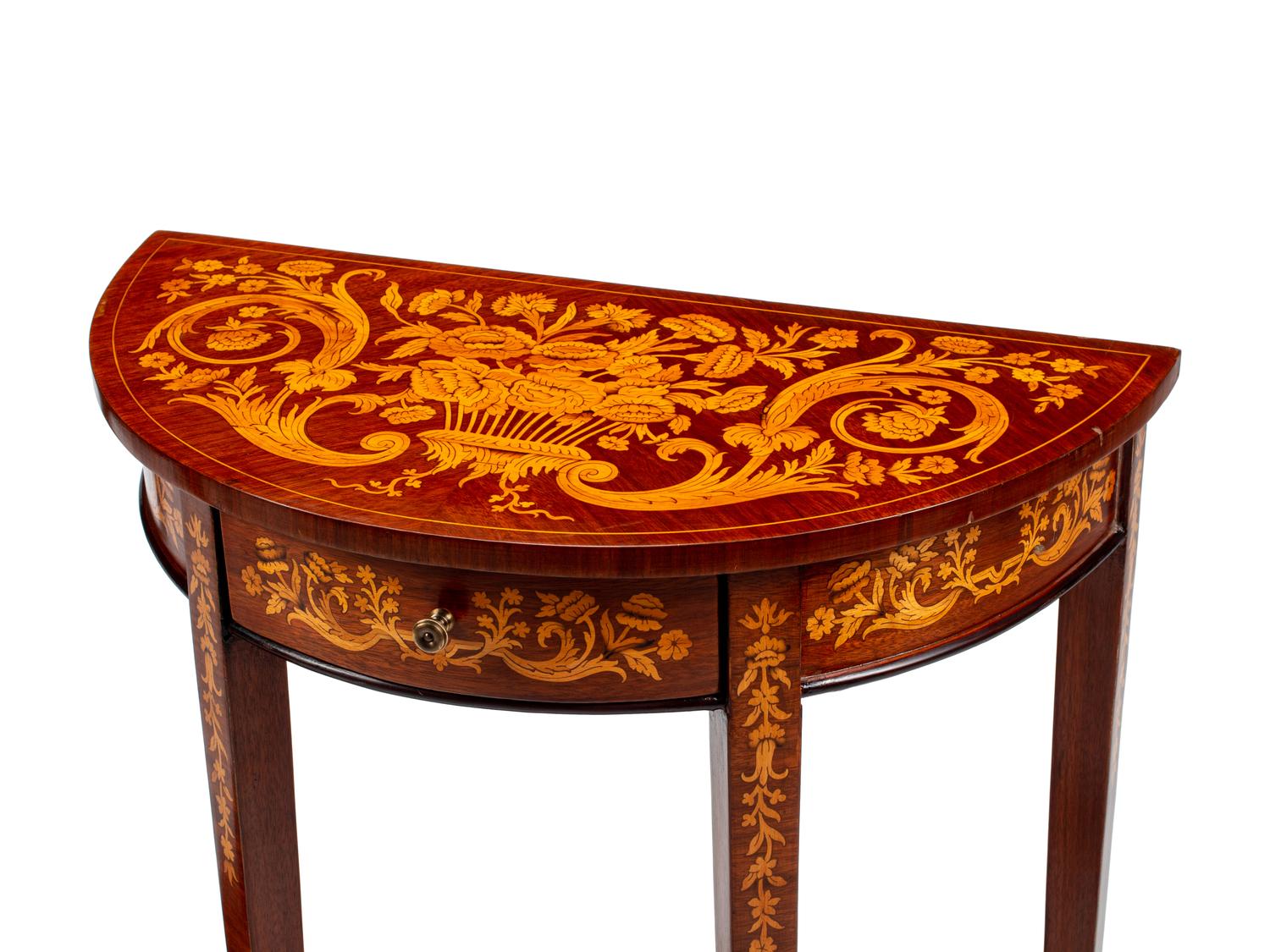 A Pair of Dutch Marquetry Demilune Side Tables