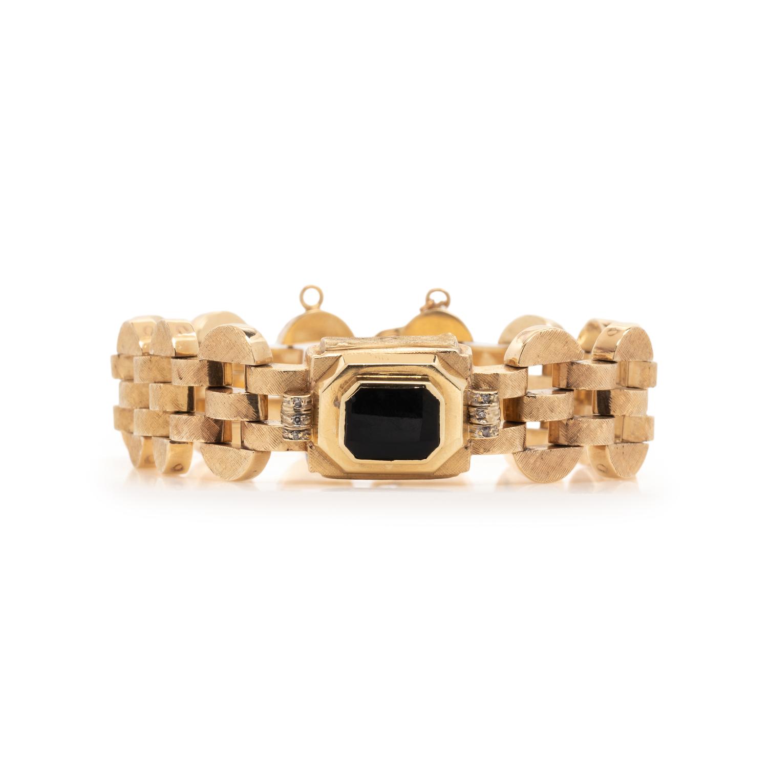 YELLOW GOLD, ONYX AND DIAMOND CONVERTED WATCH BRACELET