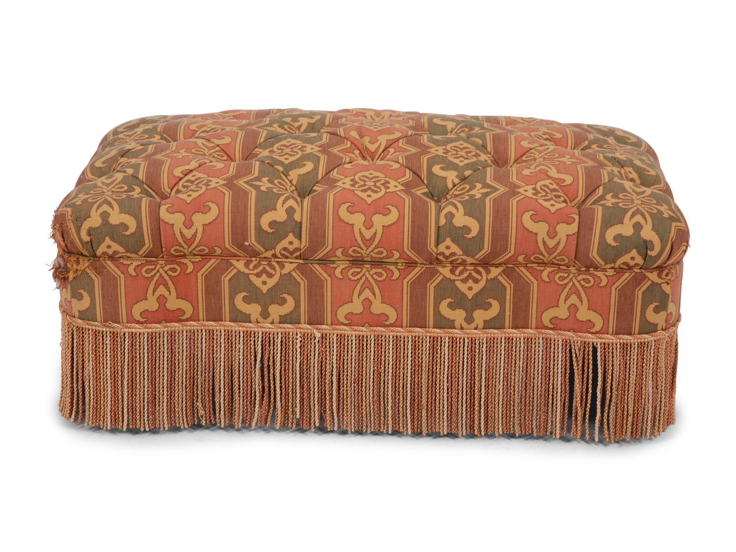 An Upholstered Button Tufted Ottoman with Skirt