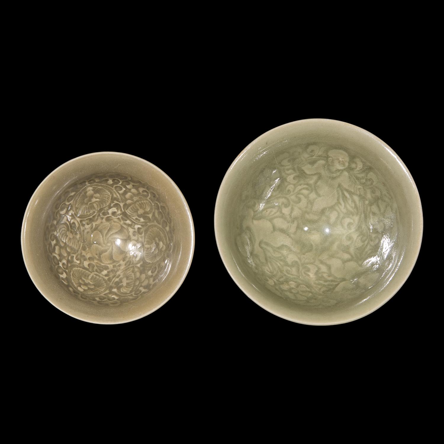 Two Chinese Molded Yaozhou Celadon Bowls, Possibly Northern Song Dynasty 或為北宋 耀州窯刻划花碗兩隻