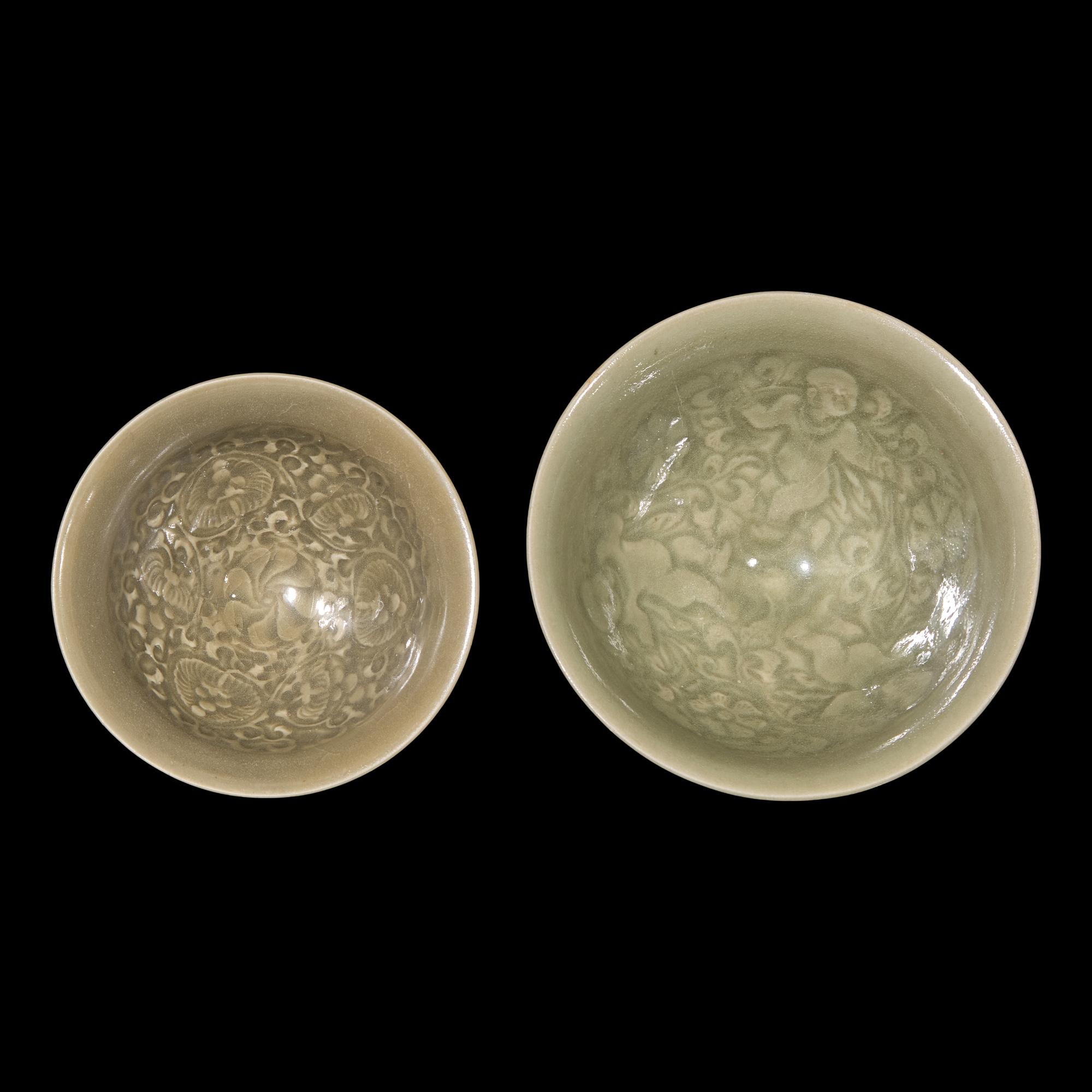 Two Chinese Molded Yaozhou Celadon Bowls, Possibly Northern Song Dynasty 或為北宋 耀州窯刻划花碗兩隻