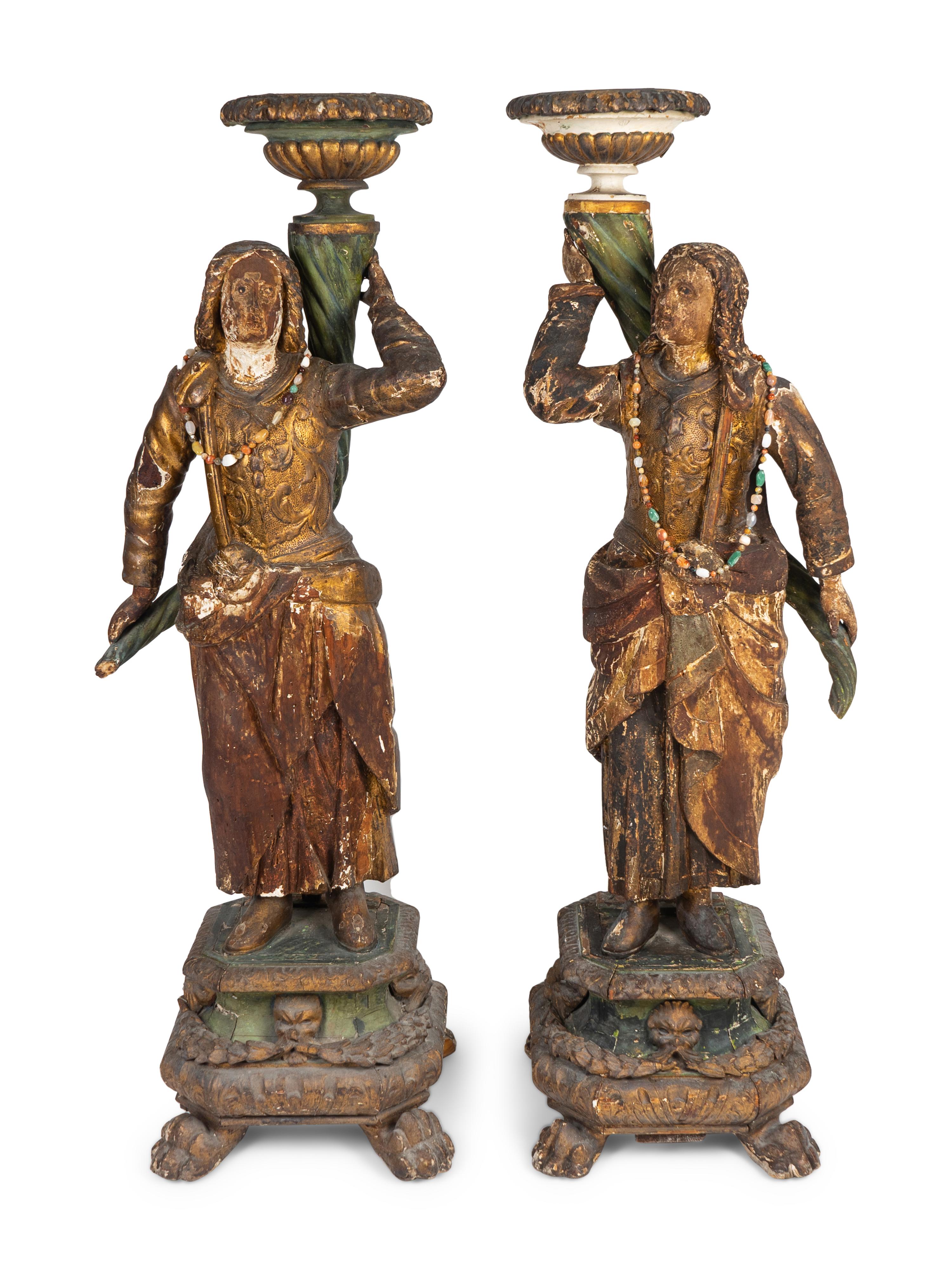 A Pair of Italian Baroque Parcel-Gilt and Polychromed Figures — 18TH CENTURY