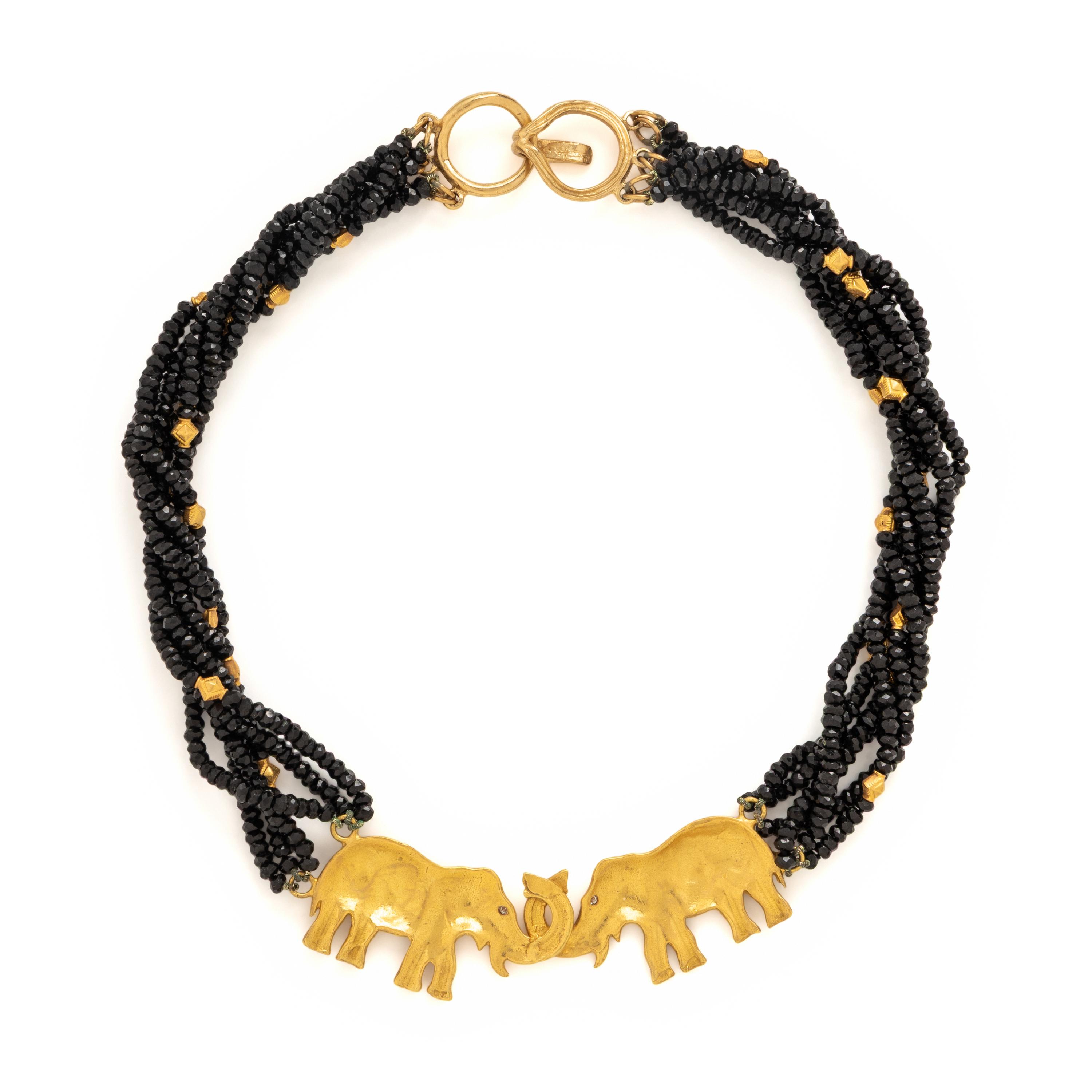Black Onyx and Yellow Gold Elephant Beaded Necklace