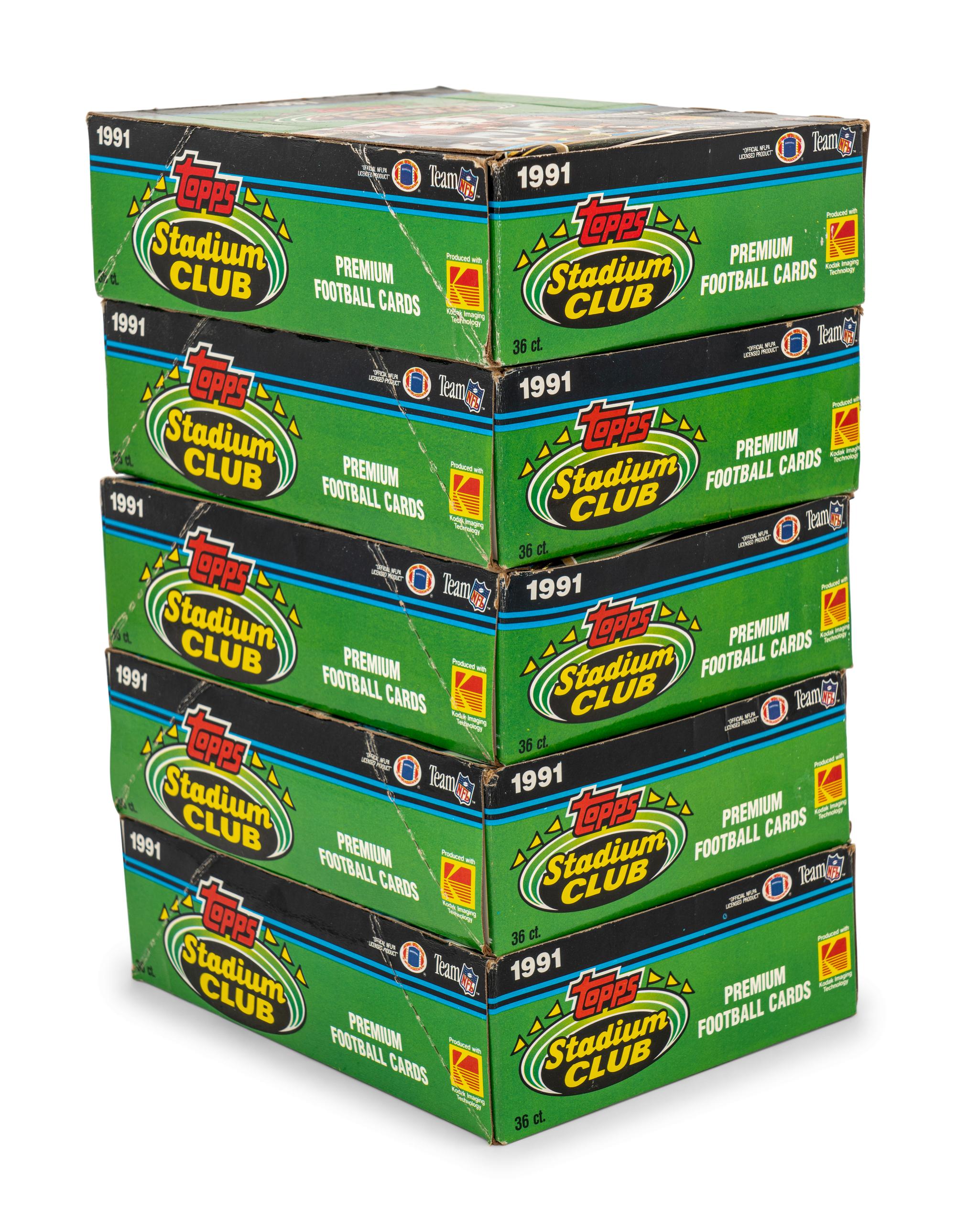 A Group of Five Unopened Boxes of 1991 Topps Stadium Club Football Cards (Possible Brett Favre Rookie)