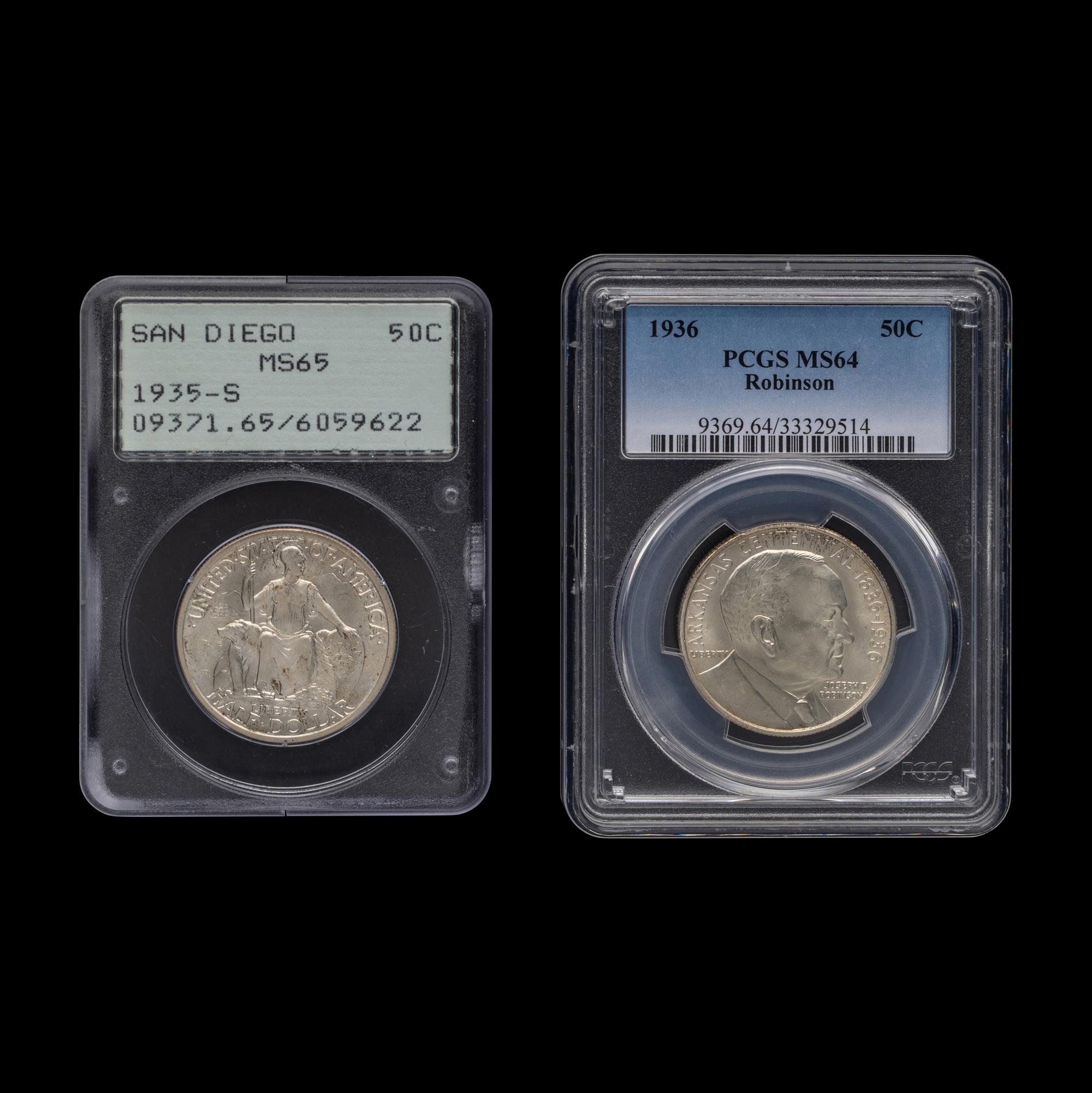 A 1936-S San Diego Commemorative 50c Coin [PCGS MS65] and a 1936 Joseph T. Robinson Commemorative 50c Coin [PCGS MS64]