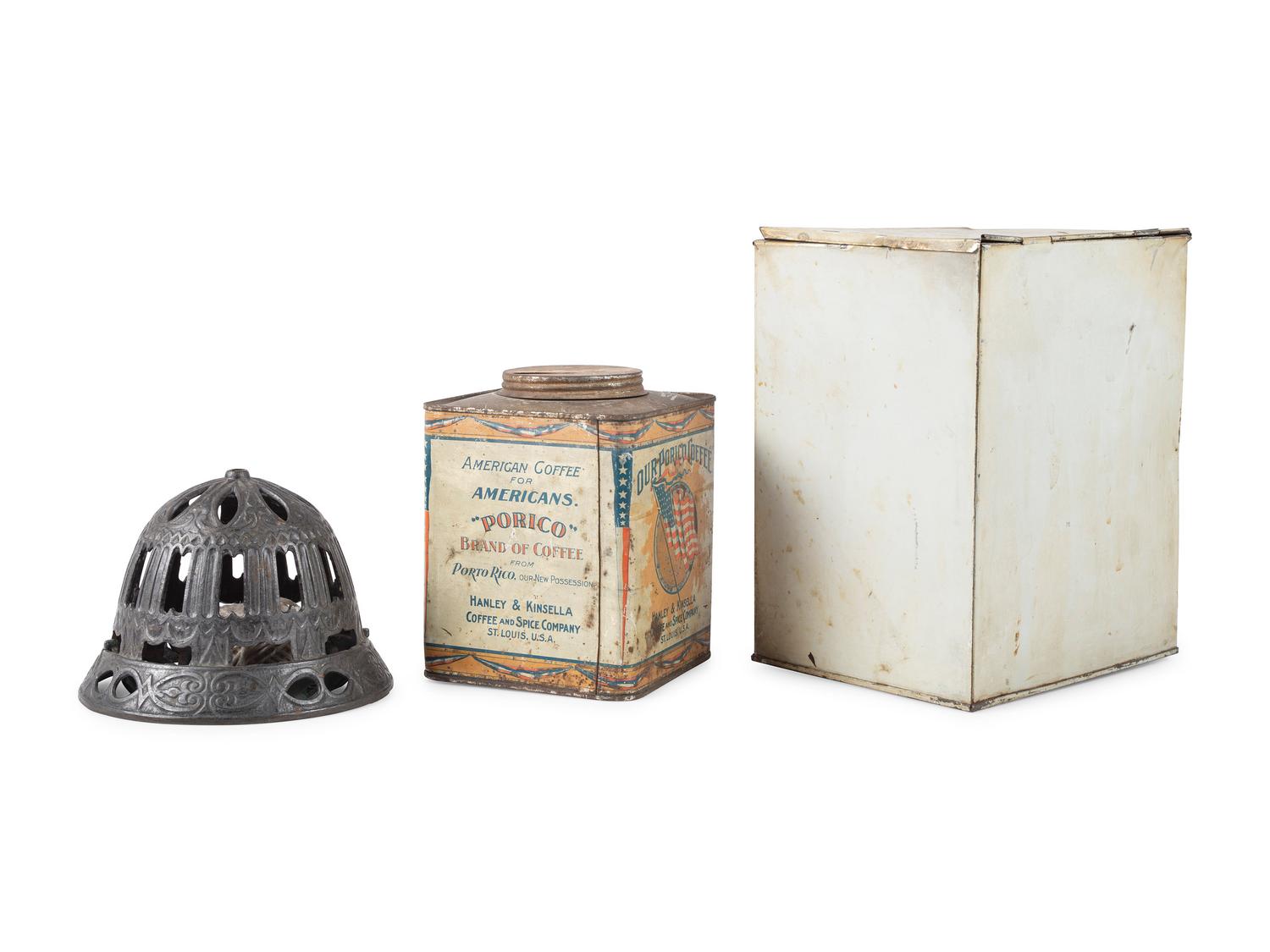 A Cast Iron String Holder and Two Advertising Tins
