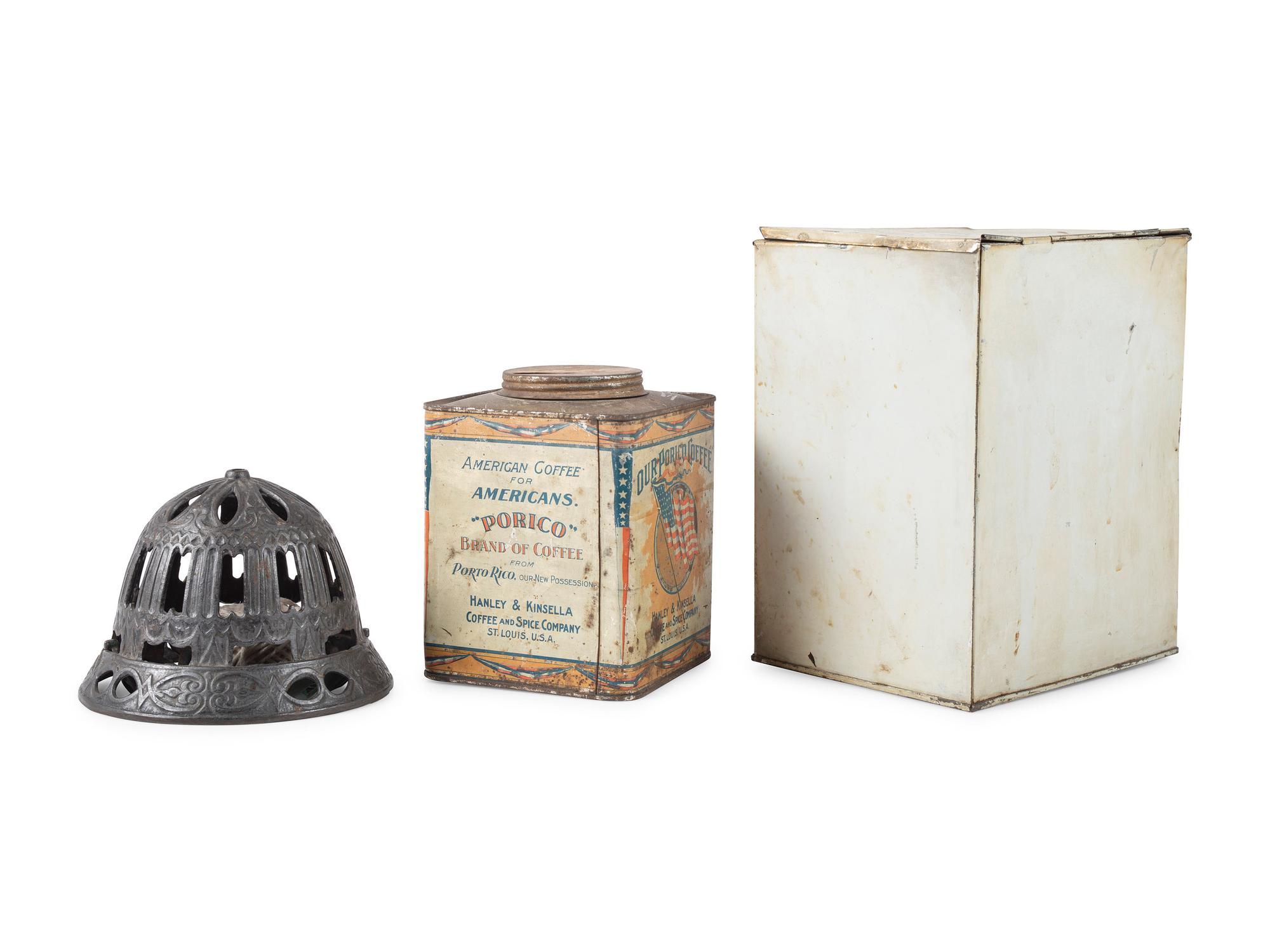 A Cast Iron String Holder and Two Advertising Tins