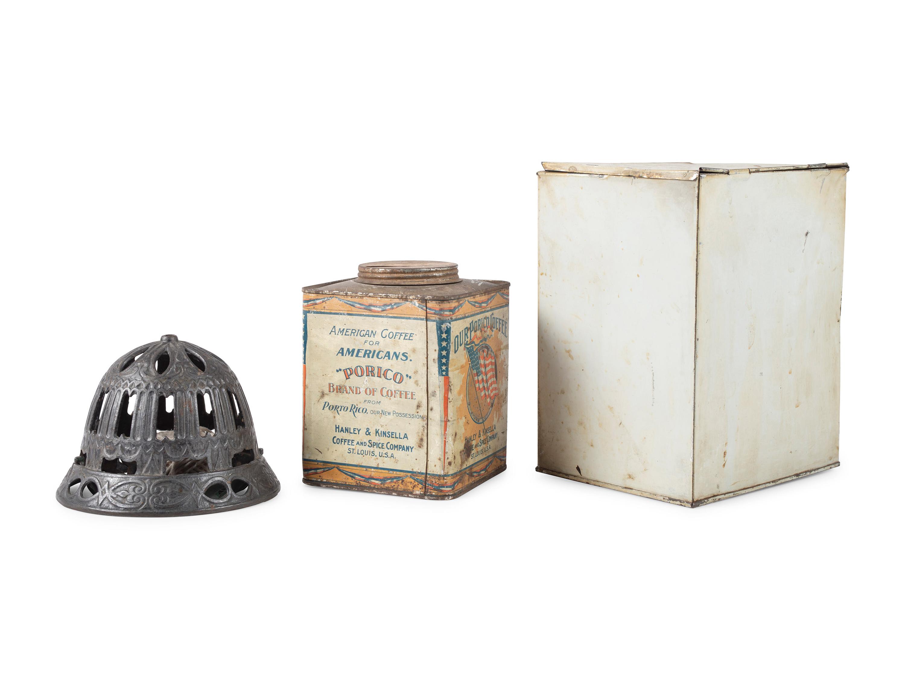 A Cast Iron String Holder and Two Advertising Tins