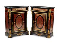 A Pair of Napoleon III Style Gilt Bronze Mounted Boulle Marquetry Marble-Top Cabinets