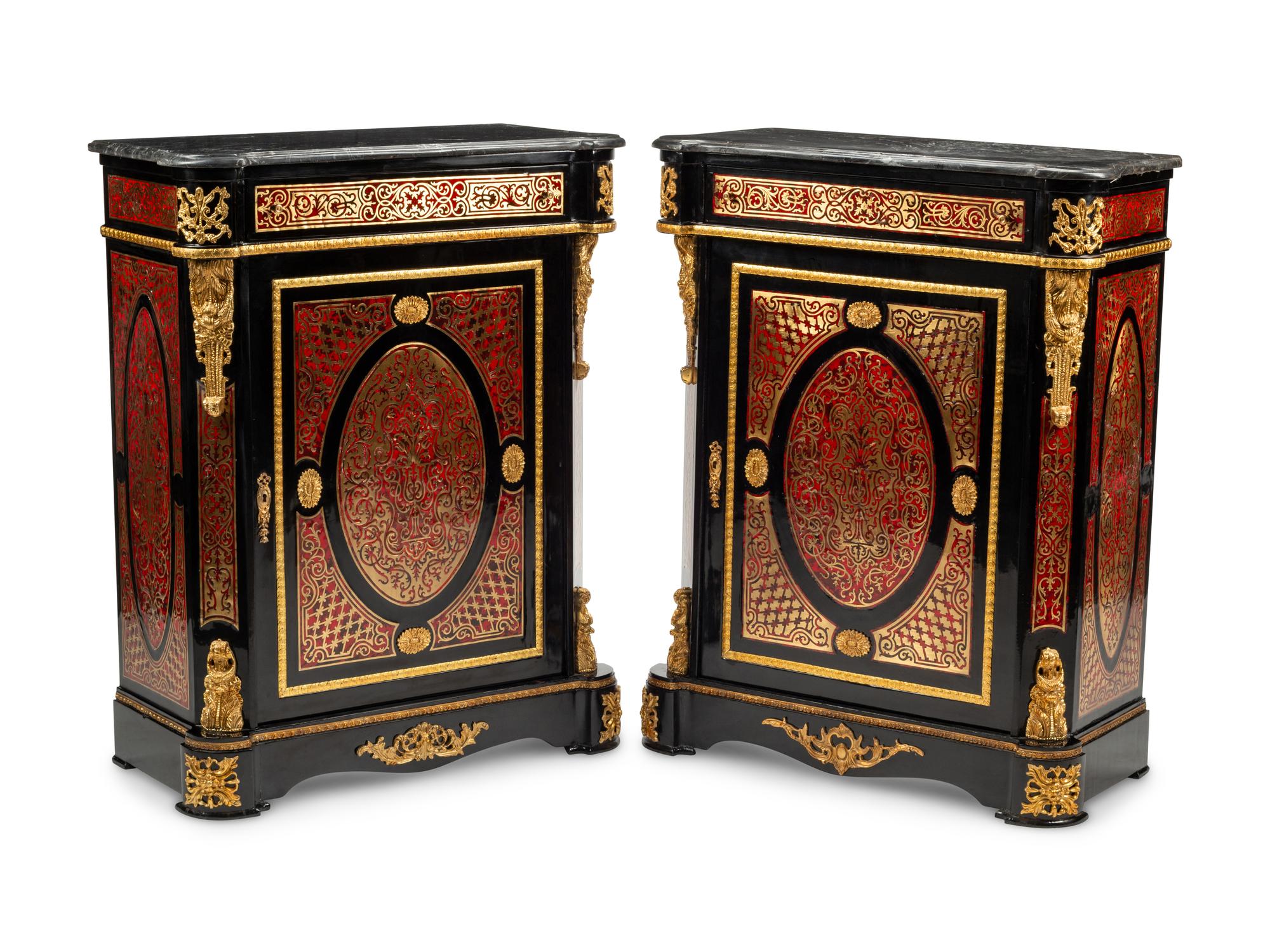 A Pair of Napoleon III Style Gilt Bronze Mounted Boulle Marquetry Marble-Top Cabinets