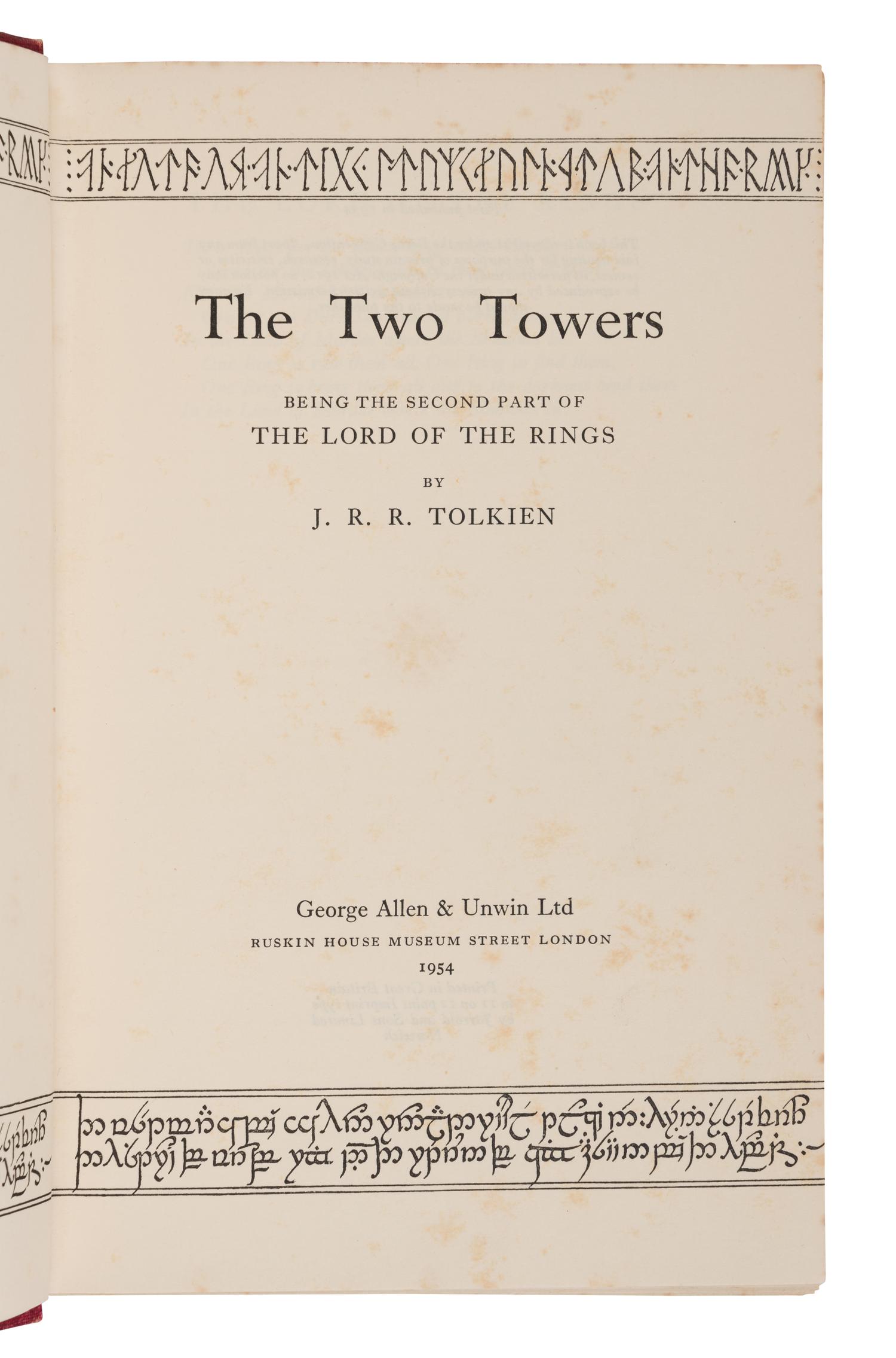 TOLKIEN, John Ronald Reuel (1892-1973). [The Lord of the Rings trilogy:] The Fellowship of the Ring . 1954. -- The Two Towers . 1954. -- The Return of the King . 1955. All London: Allen & Unwin Ltd.