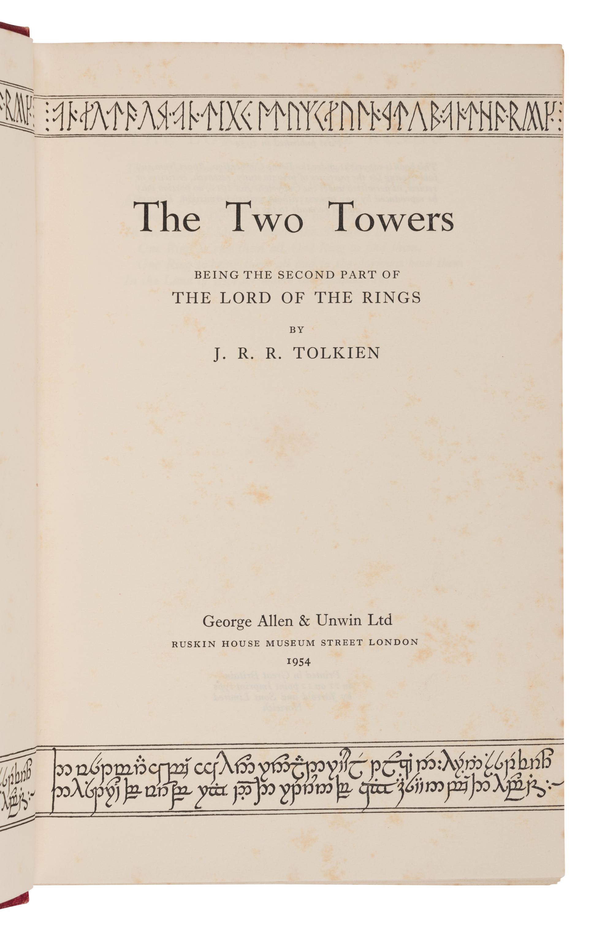 TOLKIEN, John Ronald Reuel (1892-1973). [The Lord of the Rings trilogy:] The Fellowship of the Ring . 1954. -- The Two Towers . 1954. -- The Return of the King . 1955. All London: Allen & Unwin Ltd.