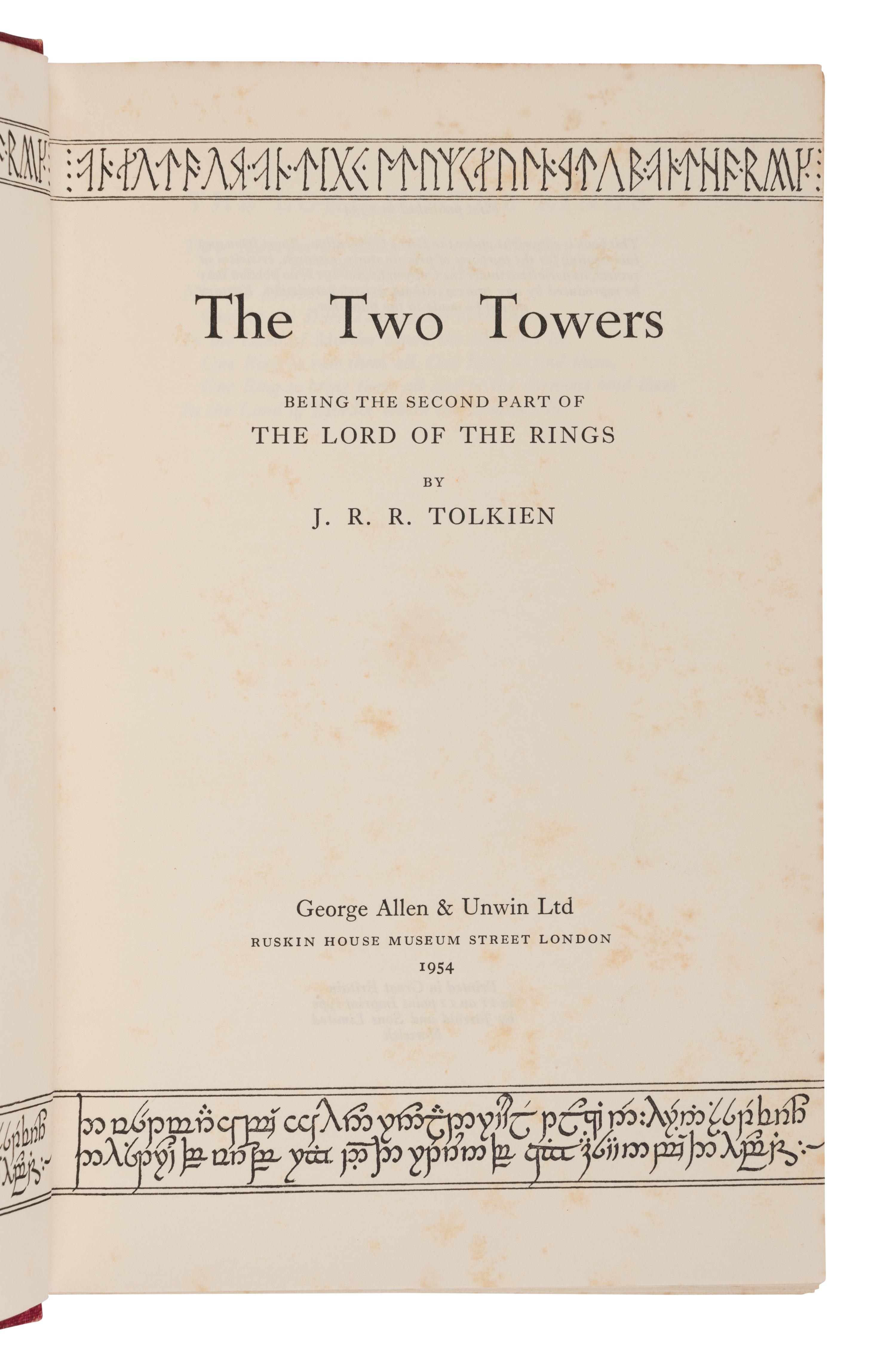 TOLKIEN, John Ronald Reuel (1892-1973). [The Lord of the Rings trilogy:] The Fellowship of the Ring . 1954. -- The Two Towers . 1954. -- The Return of the King . 1955. All London: Allen & Unwin Ltd.