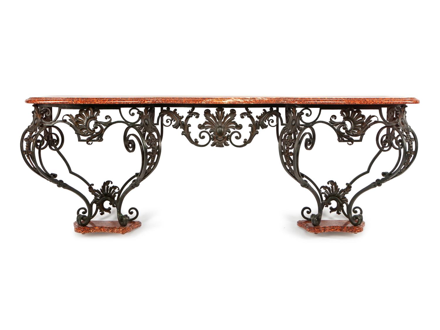 A Spanish Rococo Style Wrought Iron and Tole Console Table