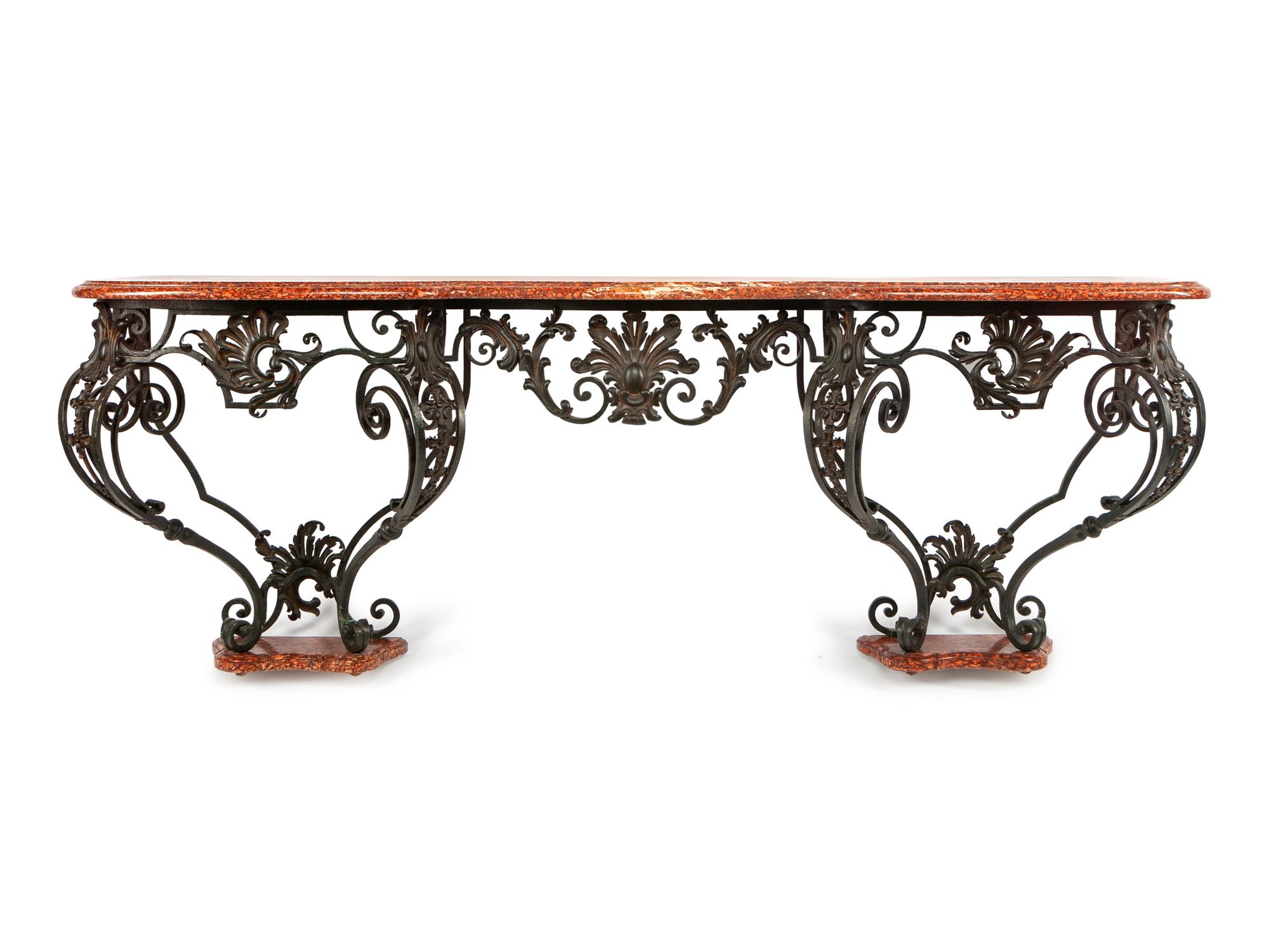 A Spanish Rococo Style Wrought Iron and Tole Console Table