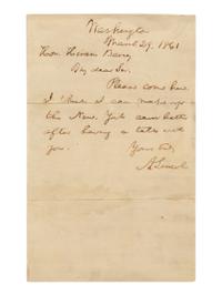 LINCOLN, Abraham (1809-1868). Autograph letter signed ("A. Lincoln") to Hiram Barney. Washington, D.C., 29 March 1861.