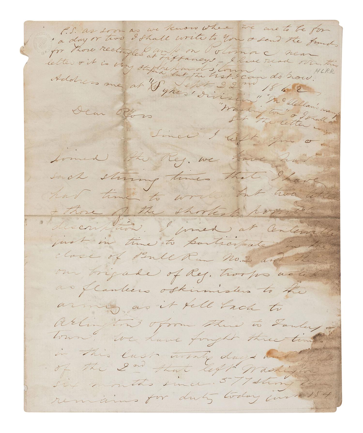 [CIVIL WAR]. Letter with graphic content describing Battles of Antietam and Shepherdstown written by Charles M. Freeman, Syke's Division. Camp on Potomac, 22 September 1862.