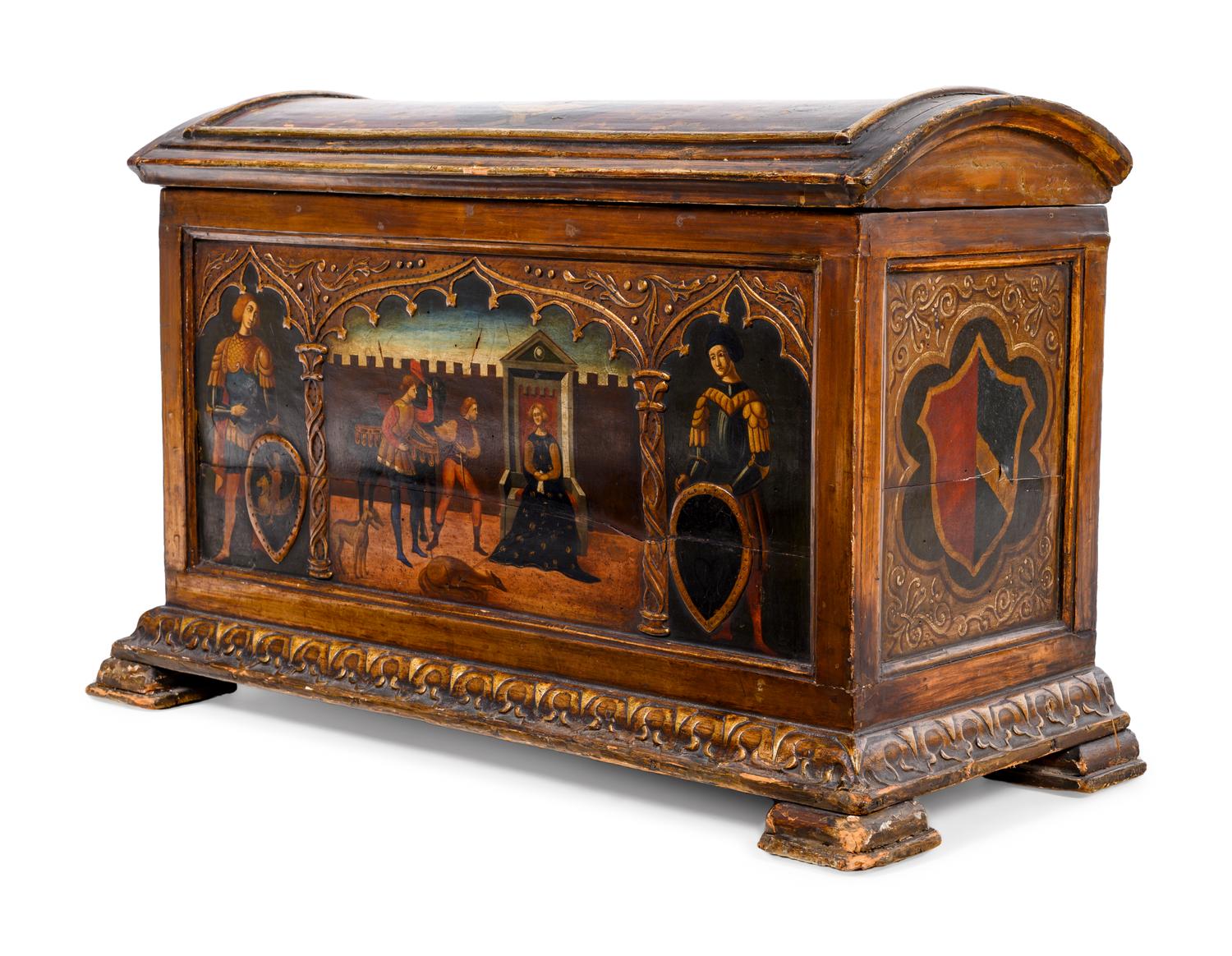 An Italian Gothic Style Painted and Parcel Gilt Trunk