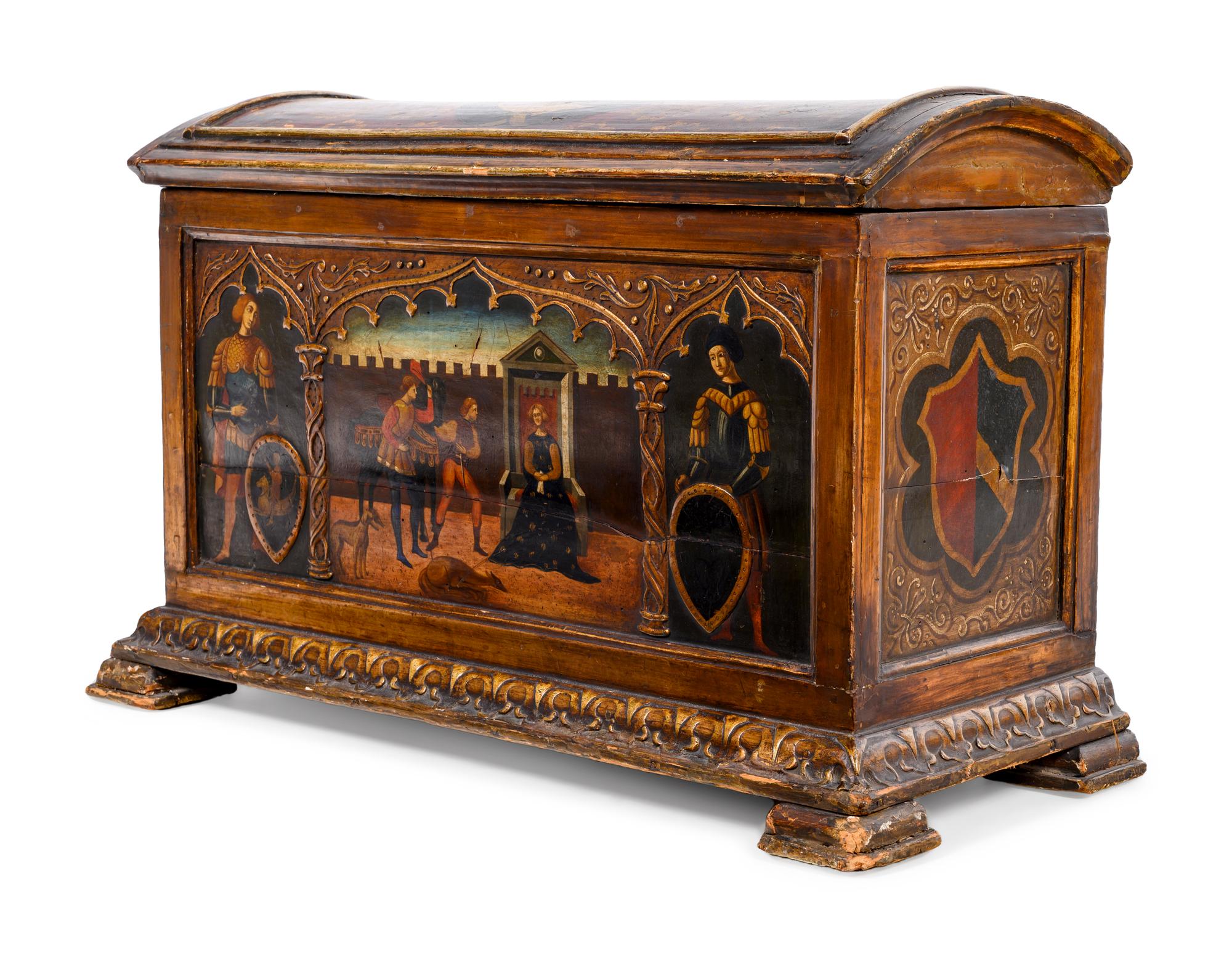 An Italian Gothic Style Painted and Parcel Gilt Trunk