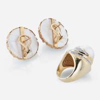 A 14K yellow gold pair of earrings and pearl and diamond ring