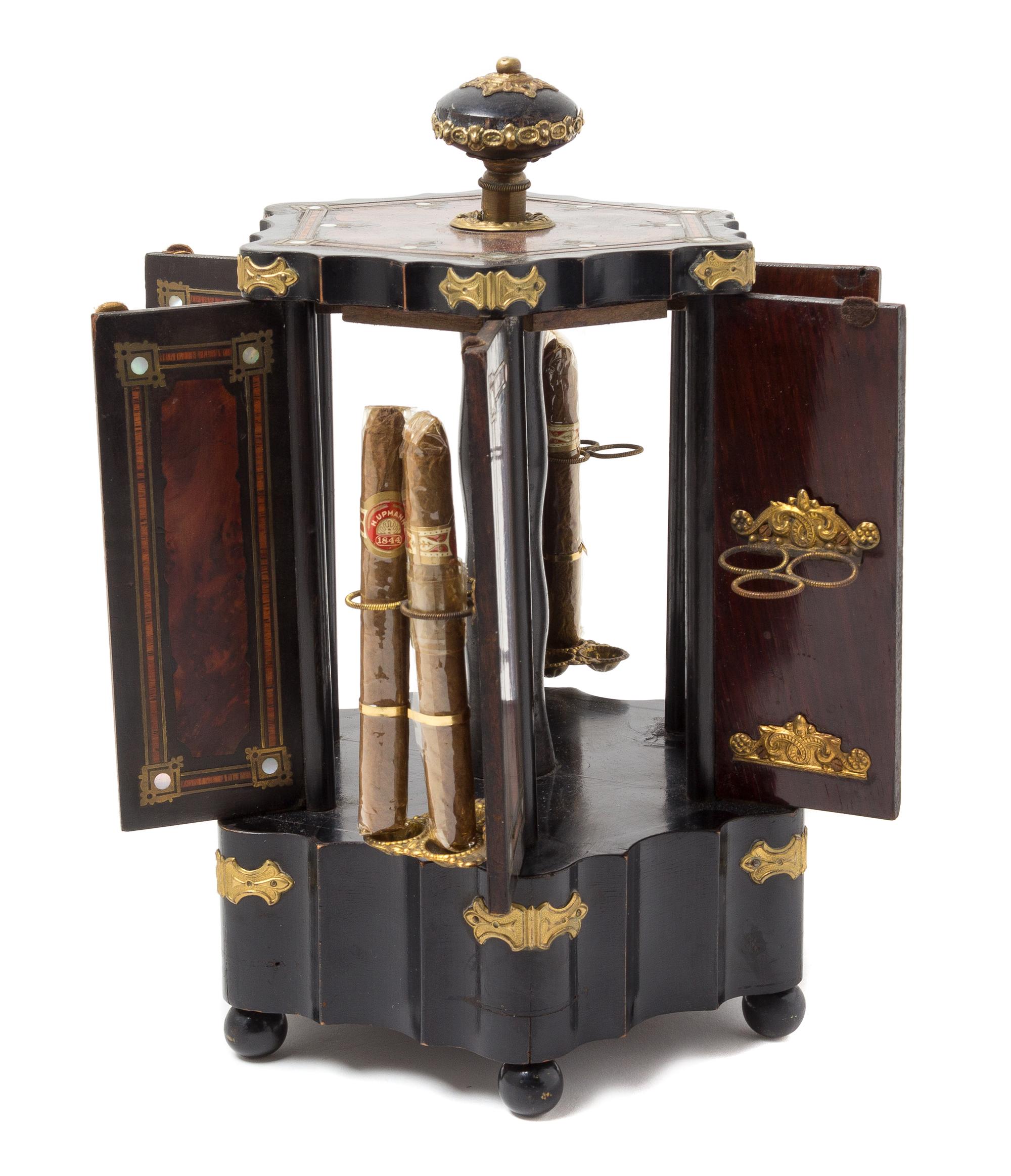 A Napoleon III Gilt Metal and Burlwood Mounted Musical Humidor Height 11 inches.