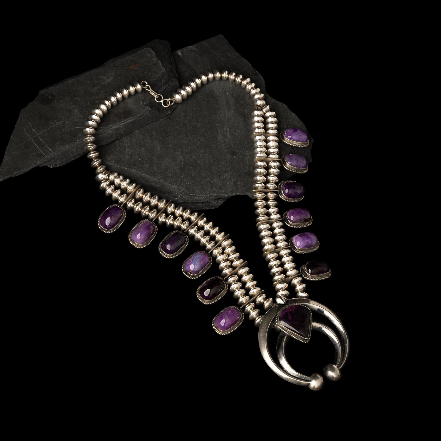 Carol and Wilson Begay (Diné, act. since 1969) — Sterling Silver and Sugilite Squash Blossom Necklace