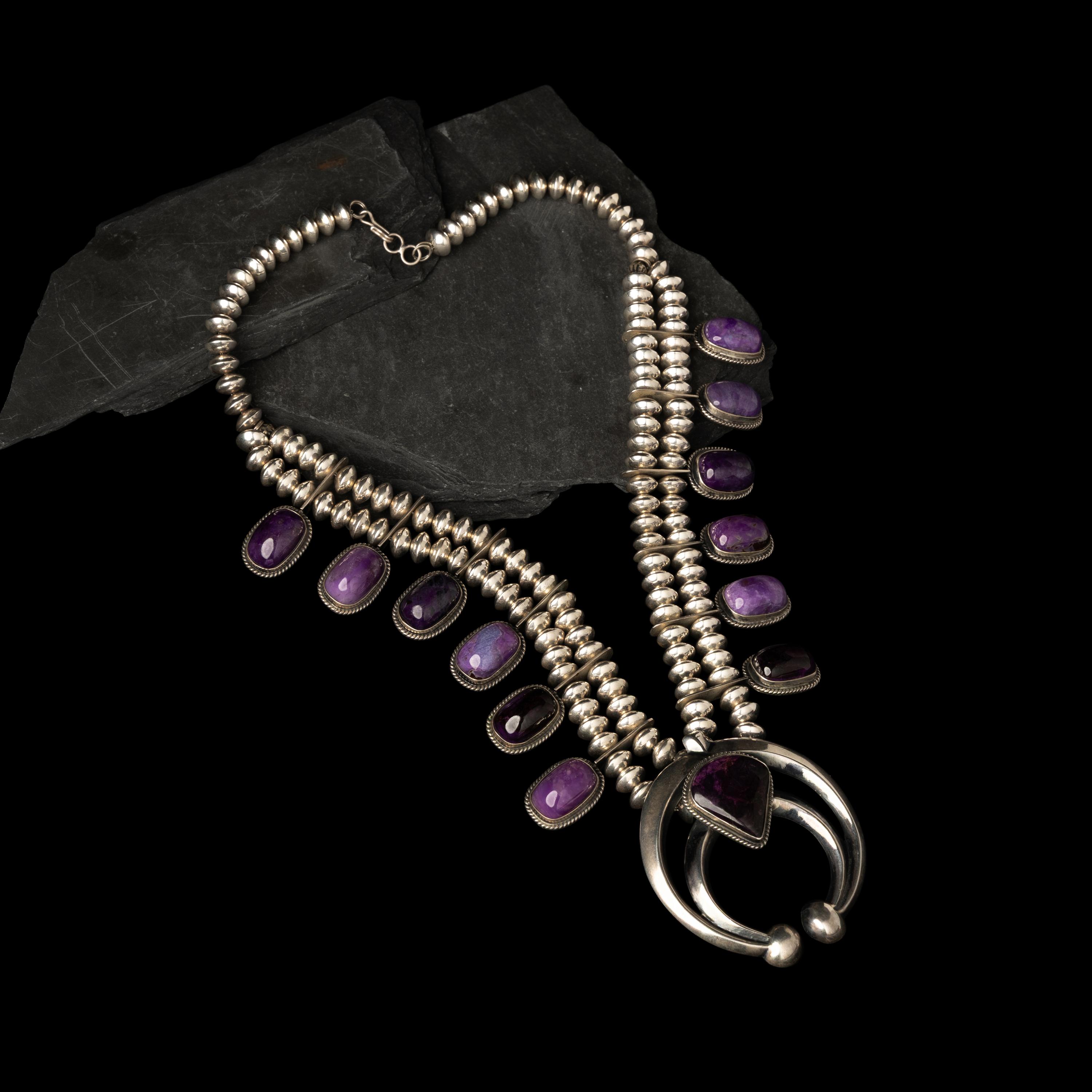 Carol and Wilson Begay (Diné, act. since 1969) — Sterling Silver and Sugilite Squash Blossom Necklace