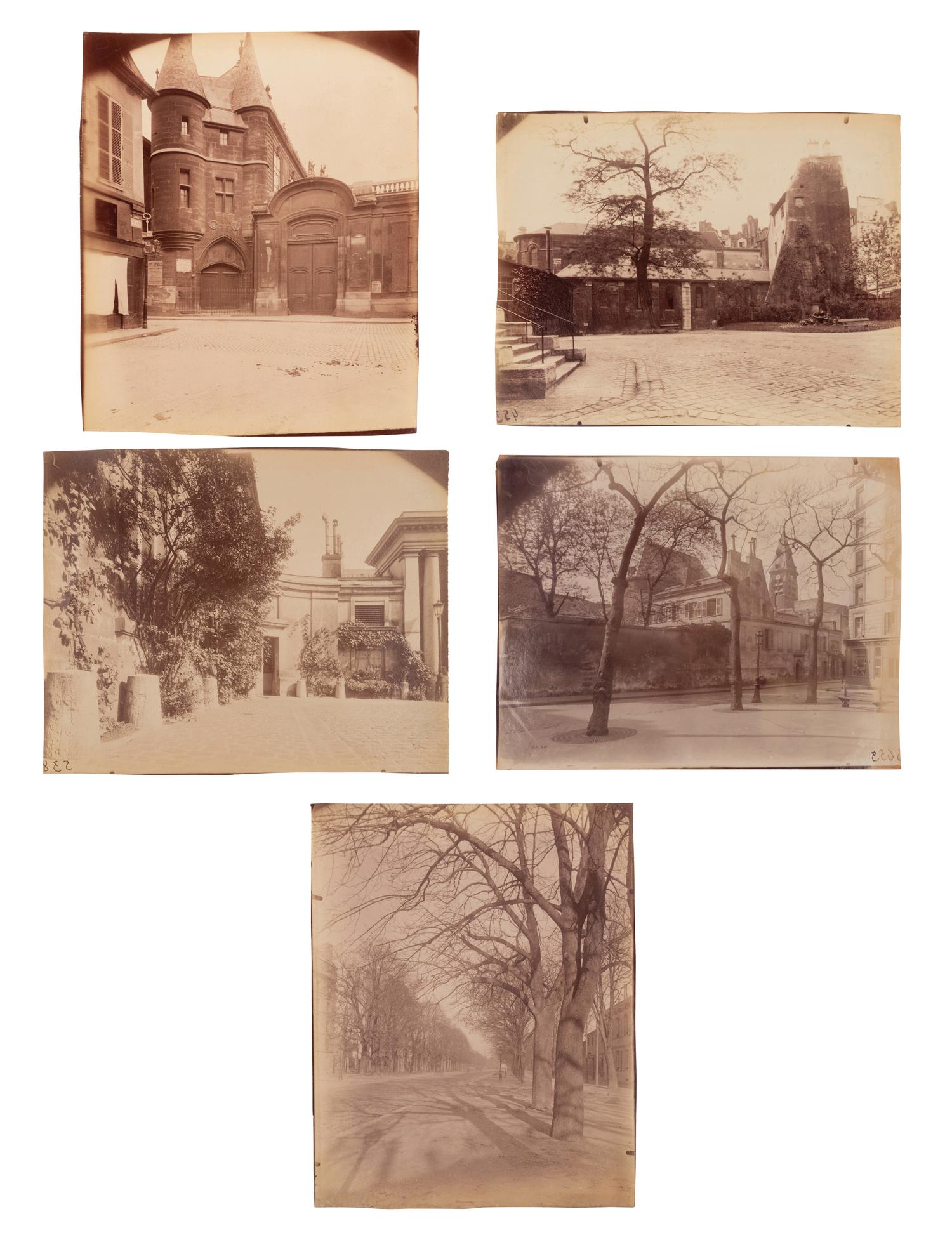 A group of five photographs depicting Paris ( Les Archives - rue des Francs Bourgeois , 1899-1900; Annexe de l'Hôtel Dieu, rue de la Bucherie, cour Saint Julien , 1902-1903; H ô tel de Chanac [cour], 127 rue de Grenelle , 1907; Saint-M é dard, 1926; Avenue de l'Observatoire , 1899-1900)