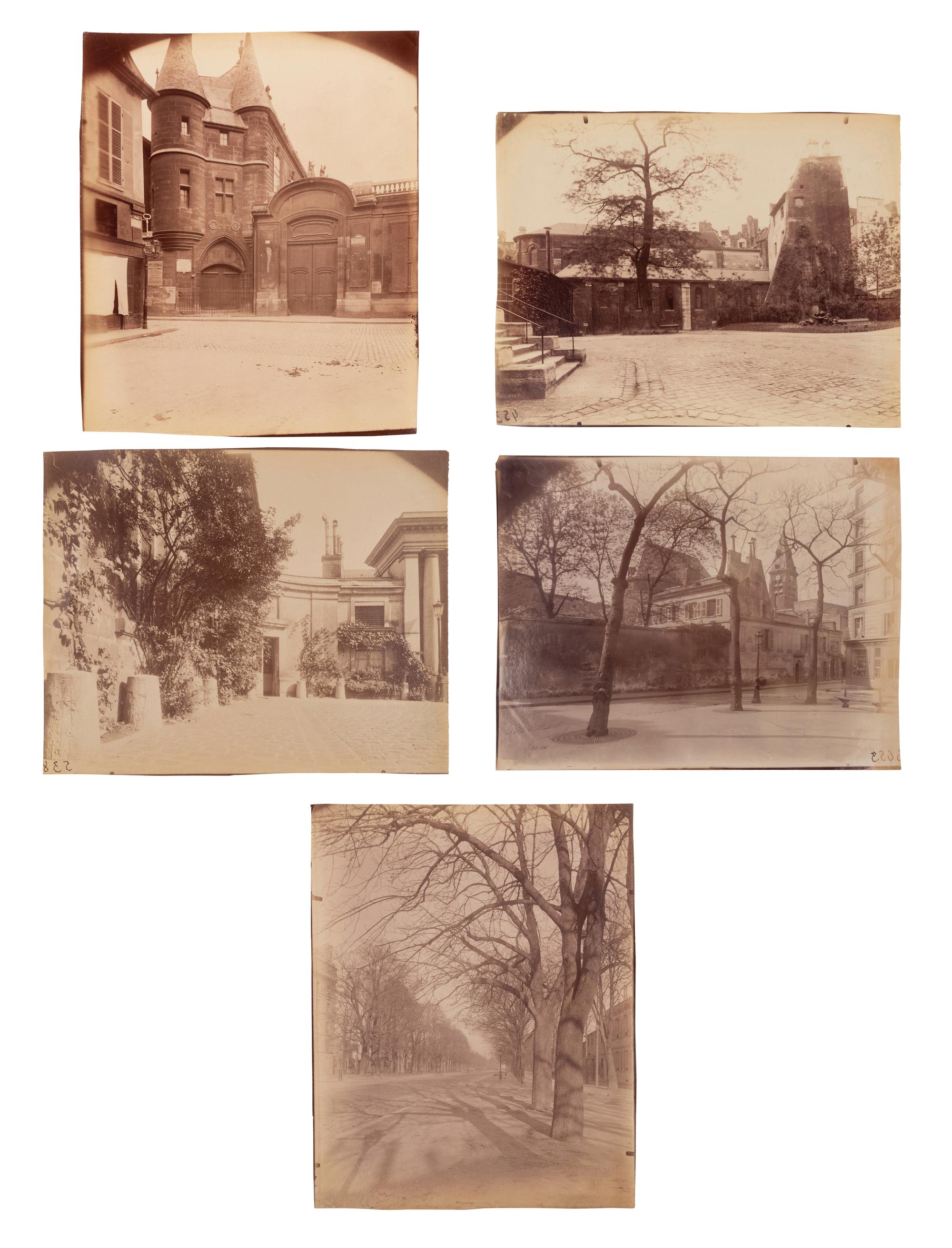 A group of five photographs depicting Paris ( Les Archives - rue des Francs Bourgeois , 1899-1900; Annexe de l'Hôtel Dieu, rue de la Bucherie, cour Saint Julien , 1902-1903; H ô tel de Chanac [cour], 127 rue de Grenelle , 1907; Saint-M é dard, 1926; Avenue de l'Observatoire , 1899-1900)
