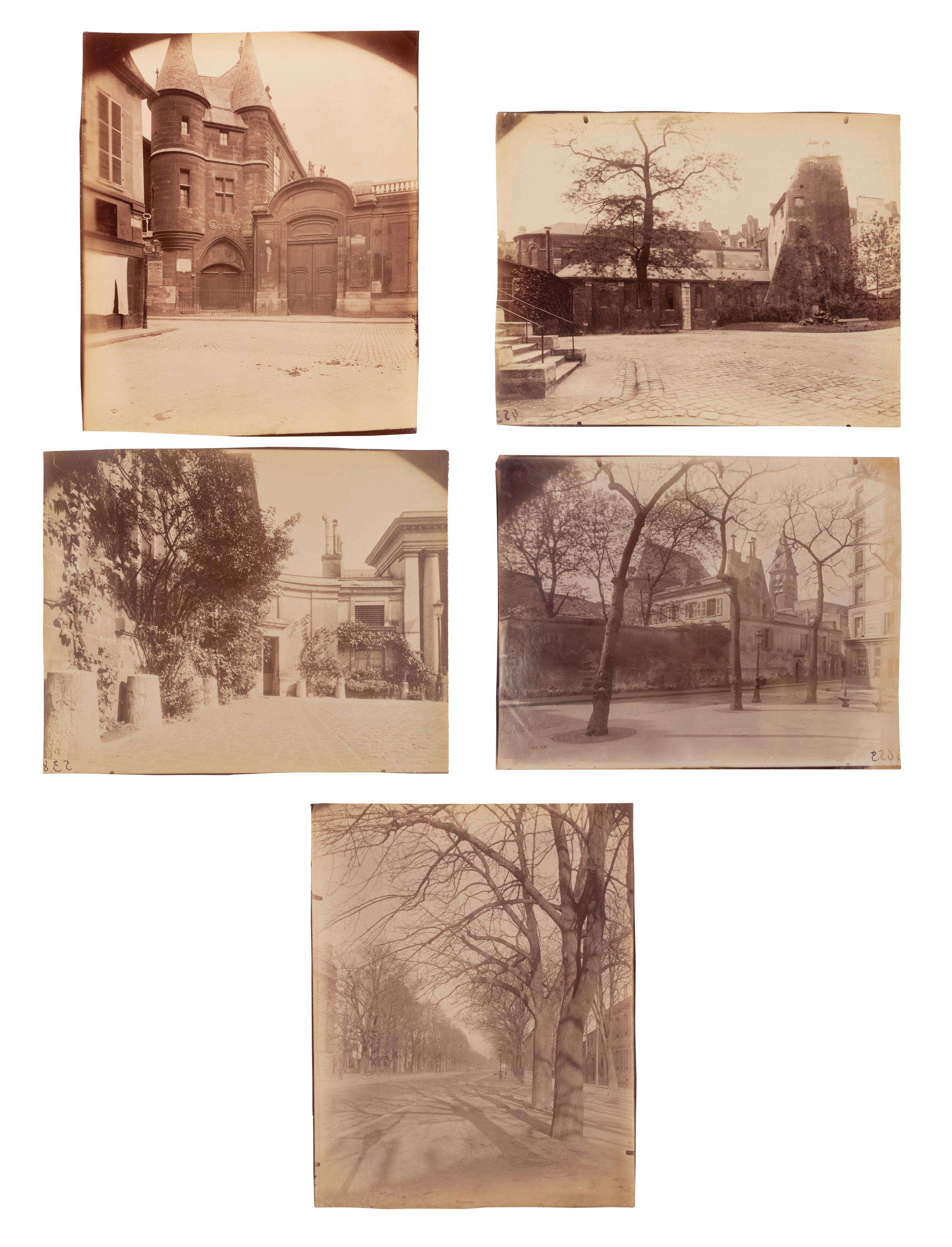 A group of five photographs depicting Paris ( Les Archives - rue des Francs Bourgeois , 1899-1900; Annexe de l'Hôtel Dieu, rue de la Bucherie, cour Saint Julien , 1902-1903; H ô tel de Chanac [cour], 127 rue de Grenelle , 1907; Saint-M é dard, 1926; Avenue de l'Observatoire , 1899-1900)
