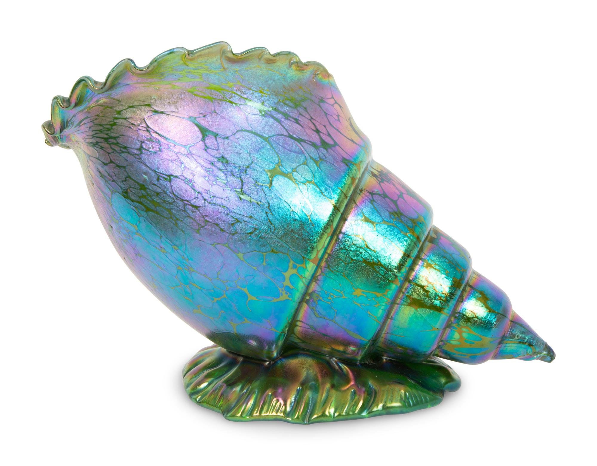 A Loetz Papillon Iridescent Art Glass Conch-Form Vase