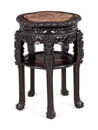 A Chinese Export Marble-Inset Hardwood Pedestal Table