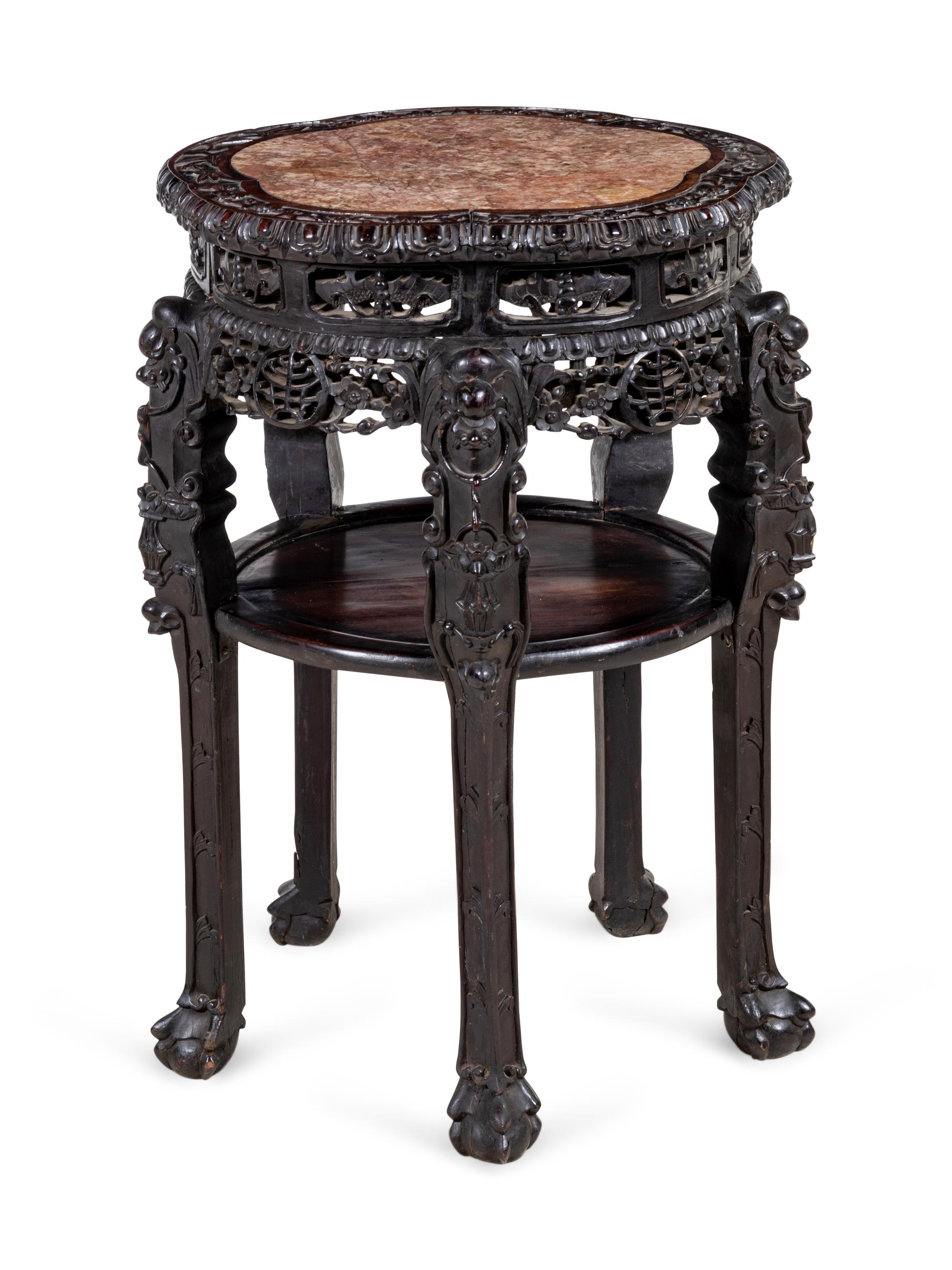 A Chinese Export Marble-Inset Hardwood Pedestal Table