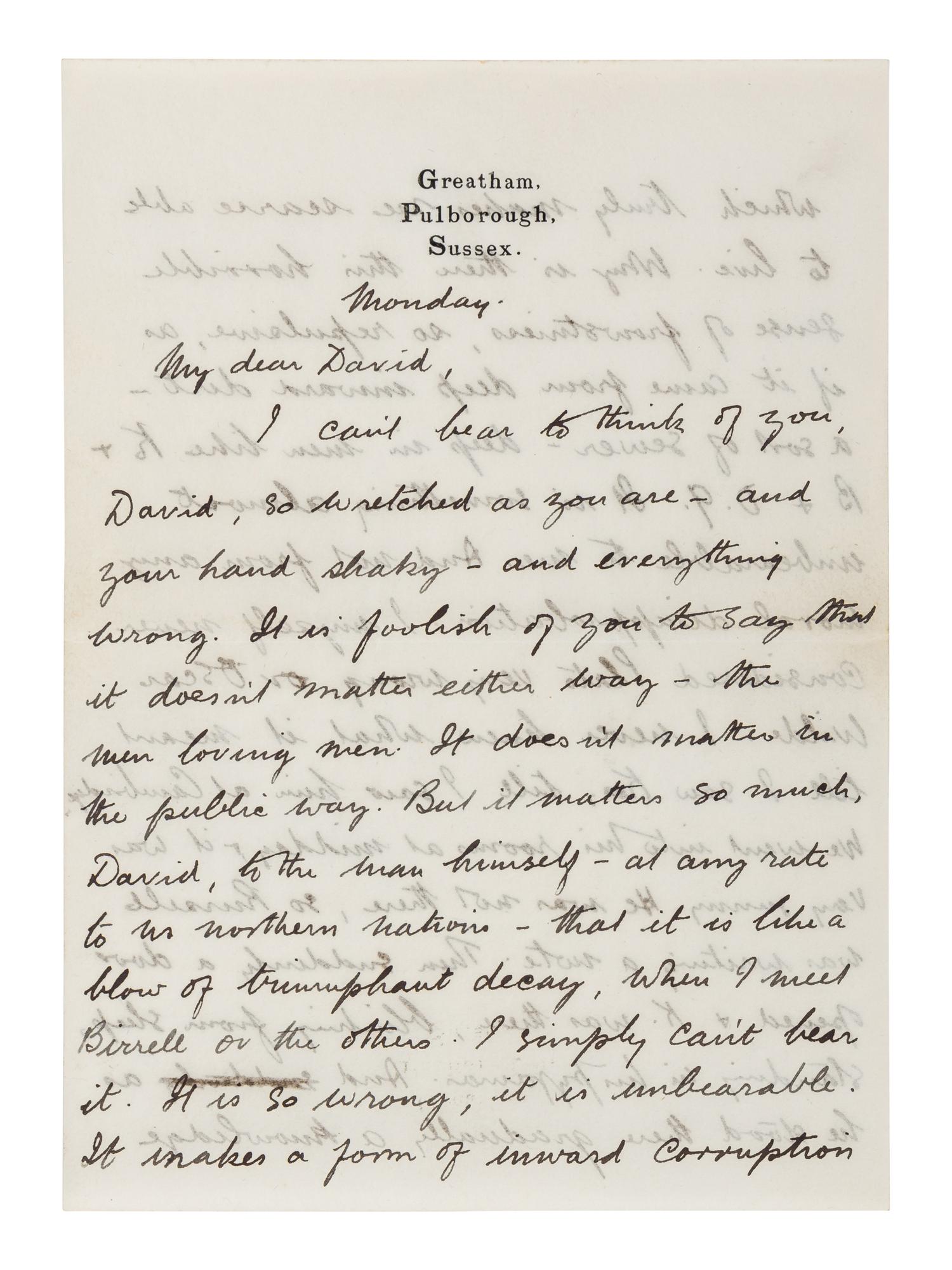 LAWRENCE, D. H. (1885-1930). Autograph letter signed ("D. H. Lawrence"), to David Garnett. Greatham, Pulborough, Sussex, [19 April 1915]. 5 pages, 8vo . [ With :] LAWRENCE, Freida. Autograph letter signed ("Freida"), to David Garnett. [19 April 1915]. With postscript from D. H. Lawrence at end. 2 pages, 8vo, with original envelope marked "Absolutely Private ."