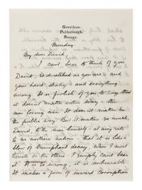 LAWRENCE, D. H. (1885-1930). Autograph letter signed ("D. H. Lawrence"), to David Garnett. Greatham, Pulborough, Sussex, [19 April 1915]. 5 pages, 8vo . [ With :] LAWRENCE, Freida. Autograph letter signed ("Freida"), to David Garnett. [19 April 1915]. With postscript from D. H. Lawrence at end. 2 pages, 8vo, with original envelope marked "Absolutely Private ."