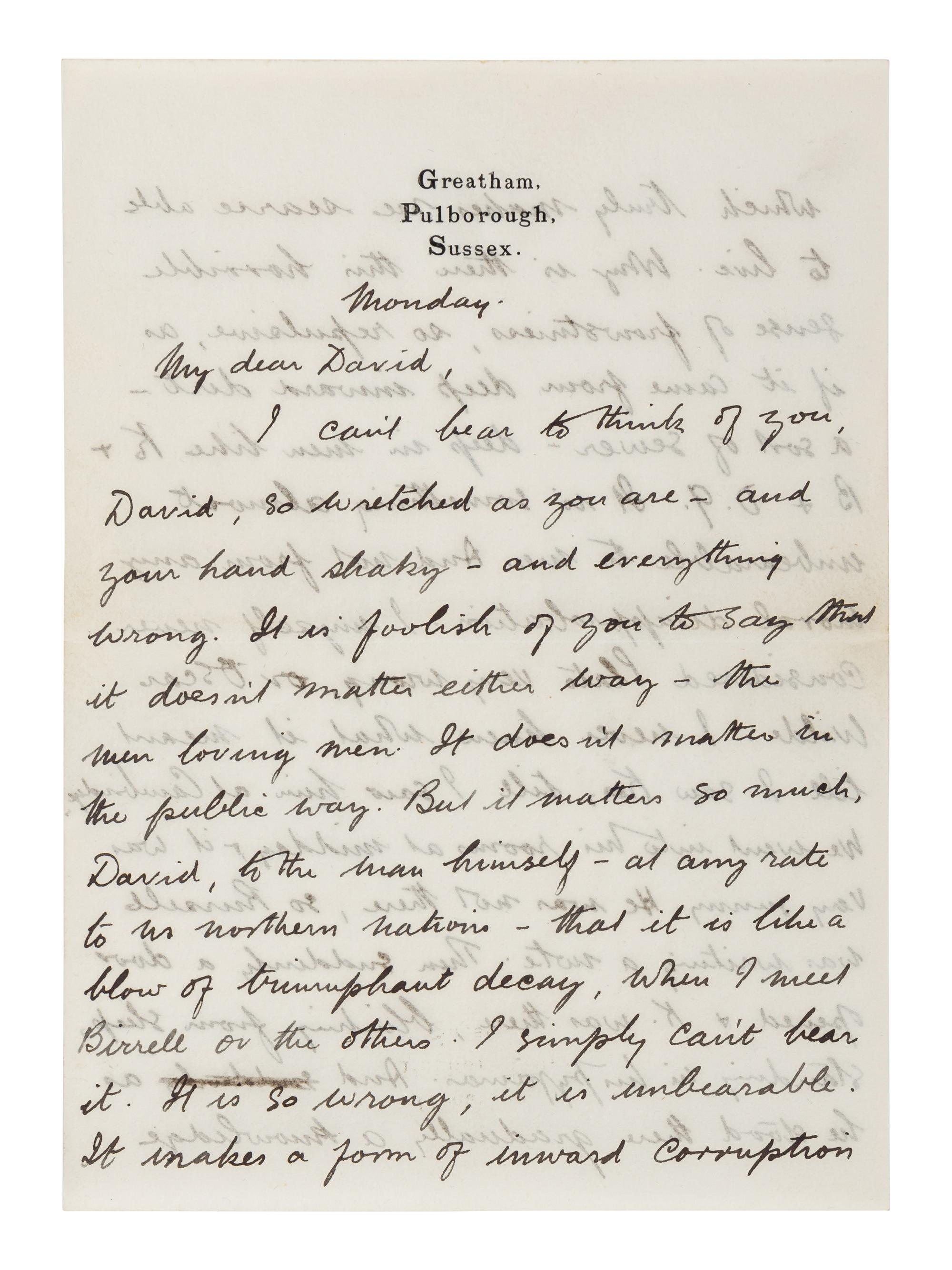 LAWRENCE, D. H. (1885-1930). Autograph letter signed ("D. H. Lawrence"), to David Garnett. Greatham, Pulborough, Sussex, [19 April 1915]. 5 pages, 8vo . [ With :] LAWRENCE, Freida. Autograph letter signed ("Freida"), to David Garnett. [19 April 1915]. With postscript from D. H. Lawrence at end. 2 pages, 8vo, with original envelope marked "Absolutely Private ."