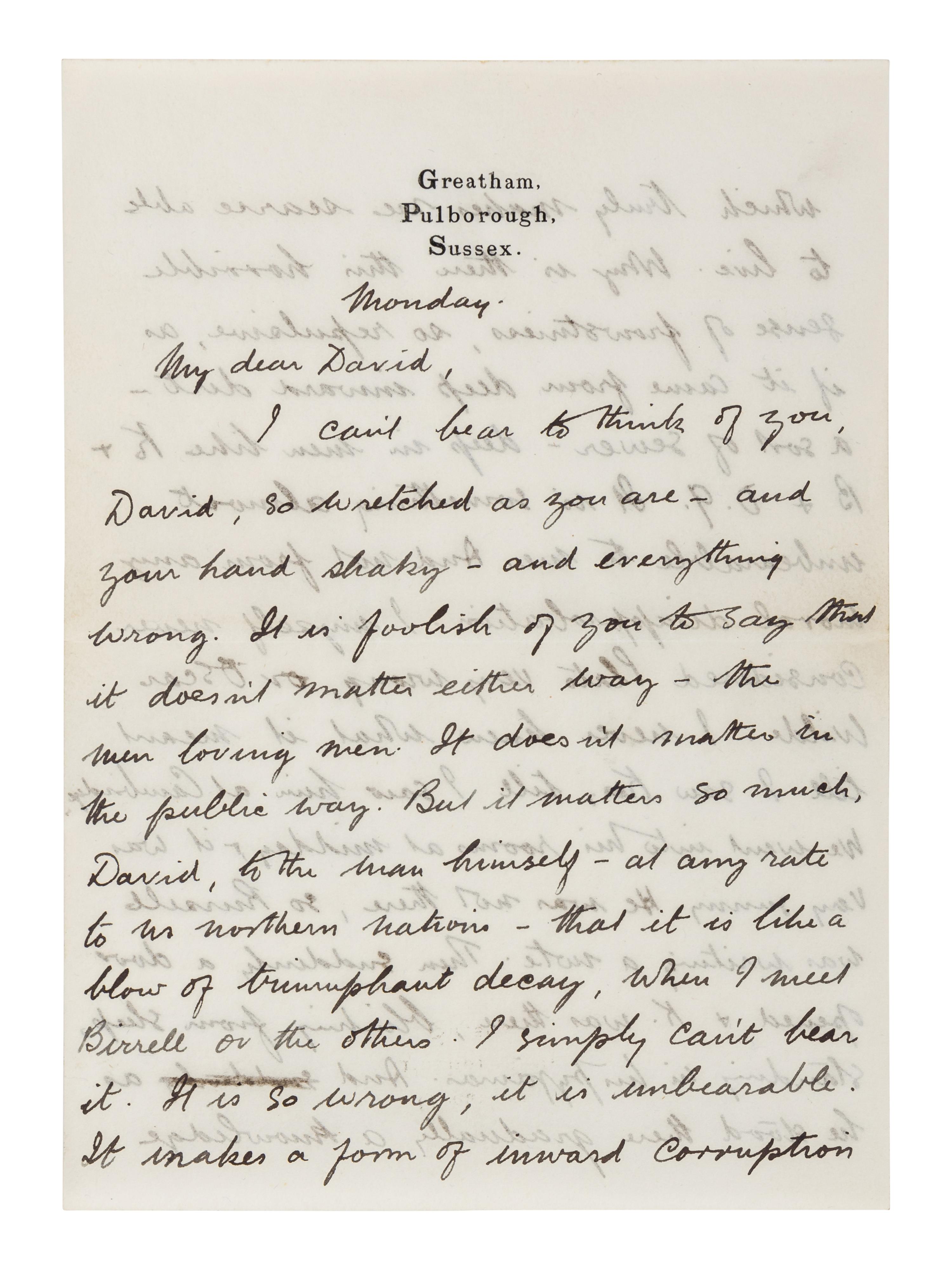LAWRENCE, D. H. (1885-1930). Autograph letter signed ("D. H. Lawrence"), to David Garnett. Greatham, Pulborough, Sussex, [19 April 1915]. 5 pages, 8vo . [ With :] LAWRENCE, Freida. Autograph letter signed ("Freida"), to David Garnett. [19 April 1915]. With postscript from D. H. Lawrence at end. 2 pages, 8vo, with original envelope marked "Absolutely Private ."