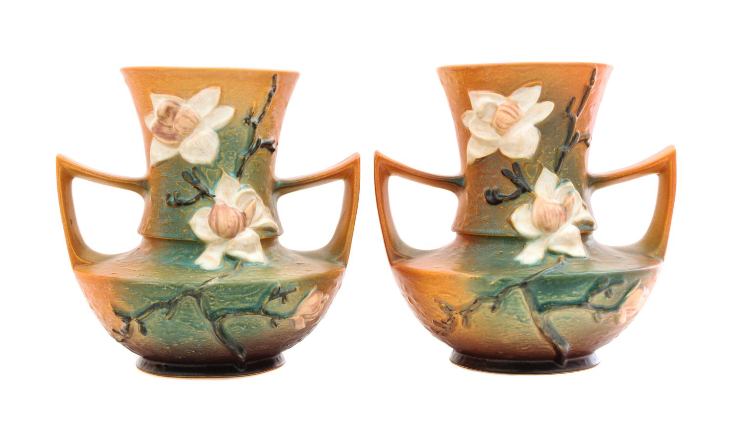 Two Roseville Magnolia Pottery Vases Height 9 1/4 inches.