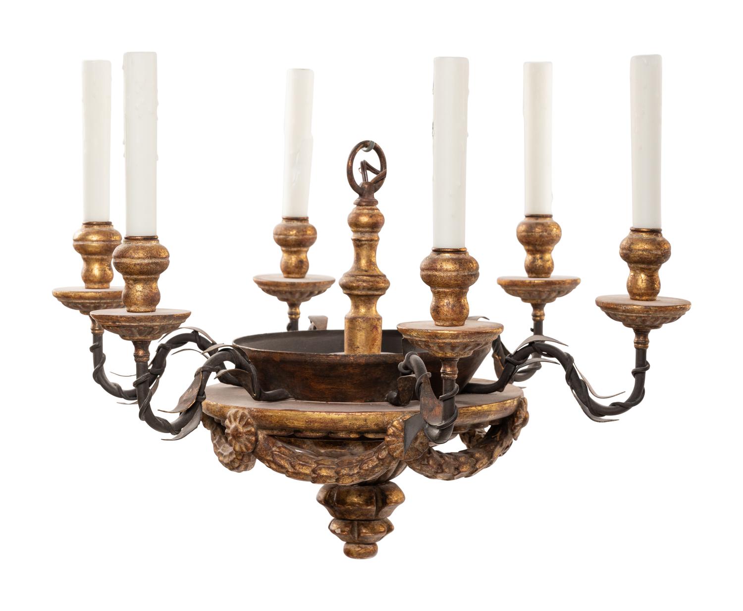A Neoclassical Parcel Gilt Six-Light Chandelier