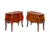A Near Pair of Louis XV Style Gilt Metal Mounted Parquetry Marble-Top Commodes
