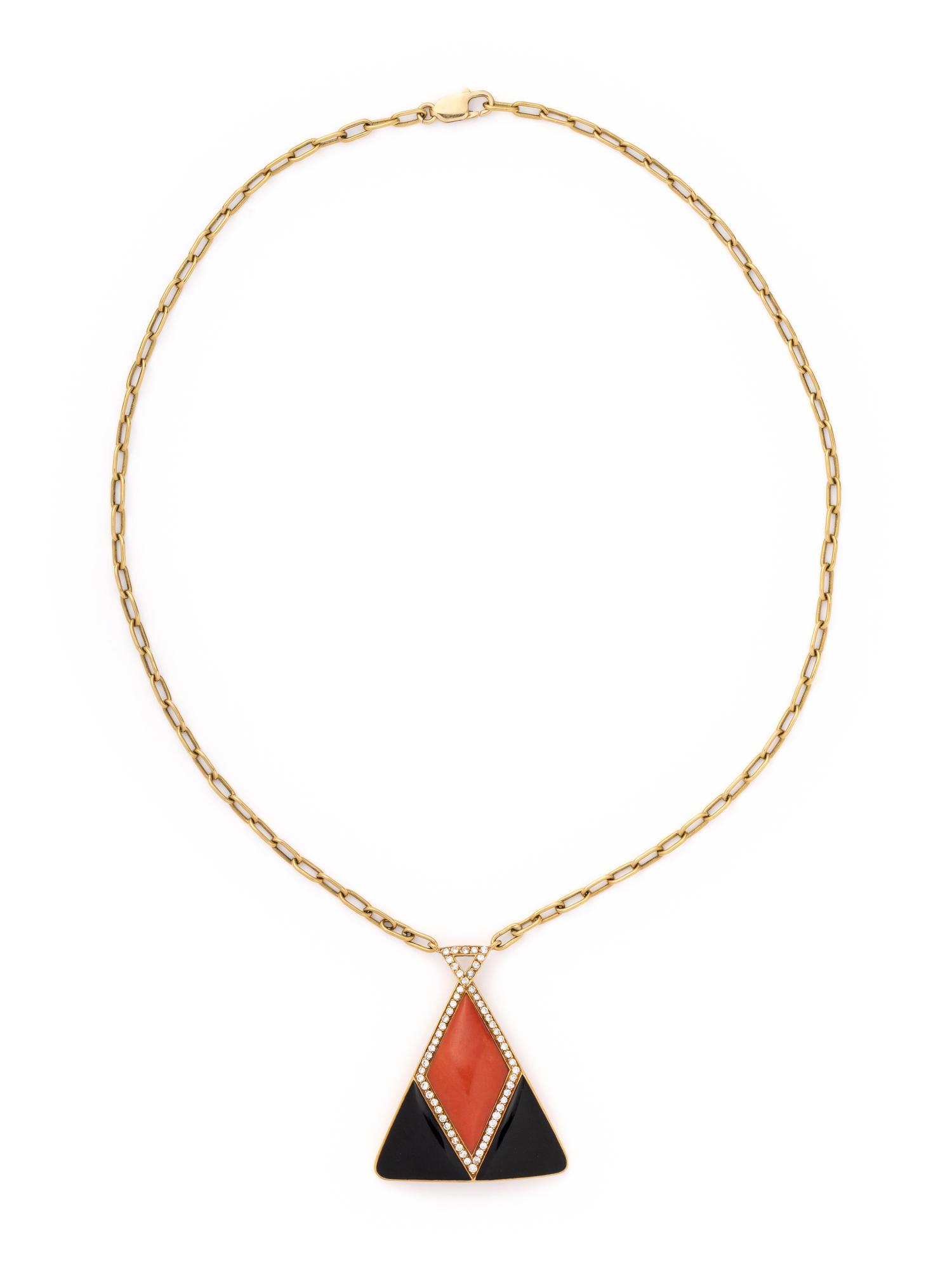 YELLOW GOLD, DIAMOND, CORAL AND ONYX NECKLACE