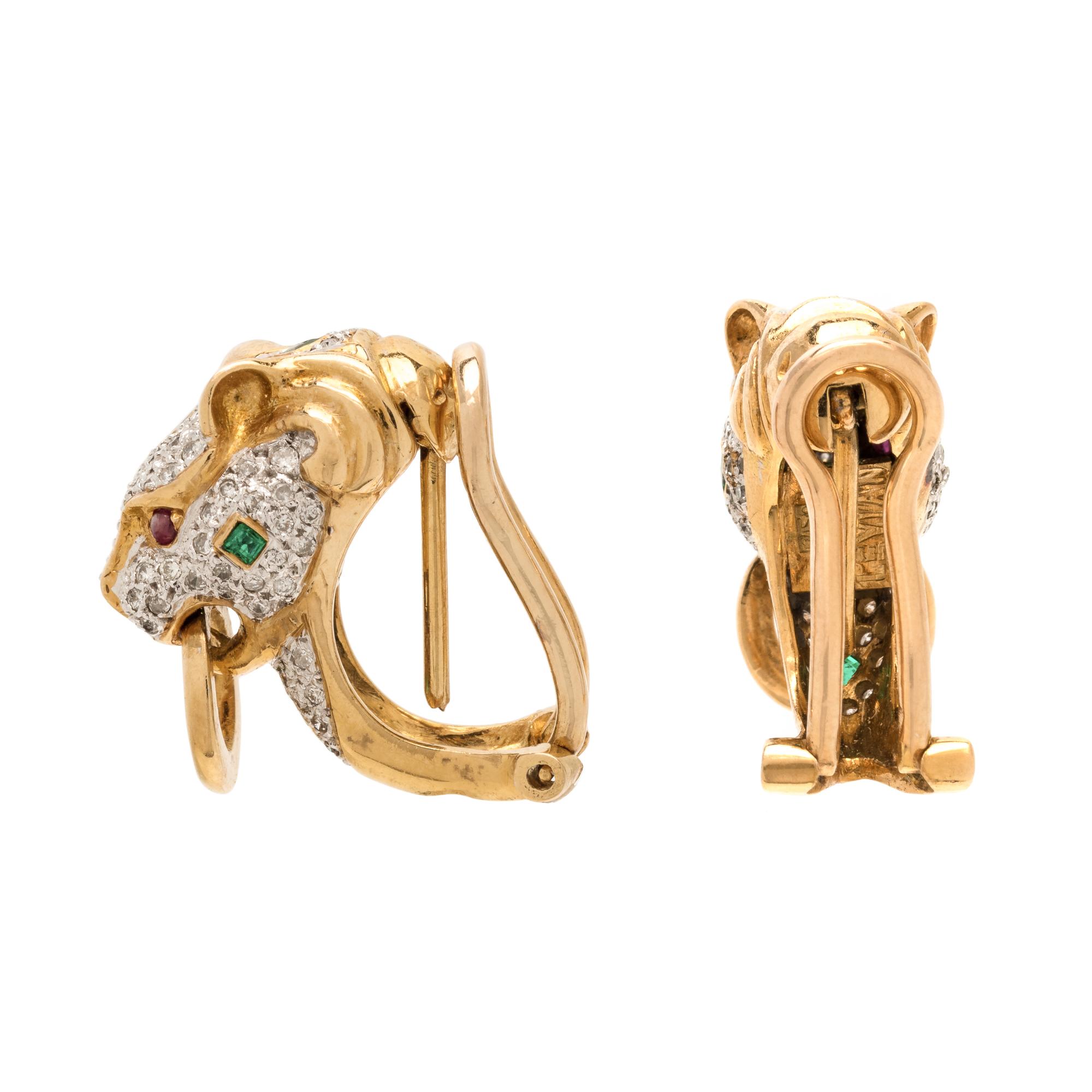LEVIAN, DIAMOND AND GEMSTONE PANTHER EARCLIPS