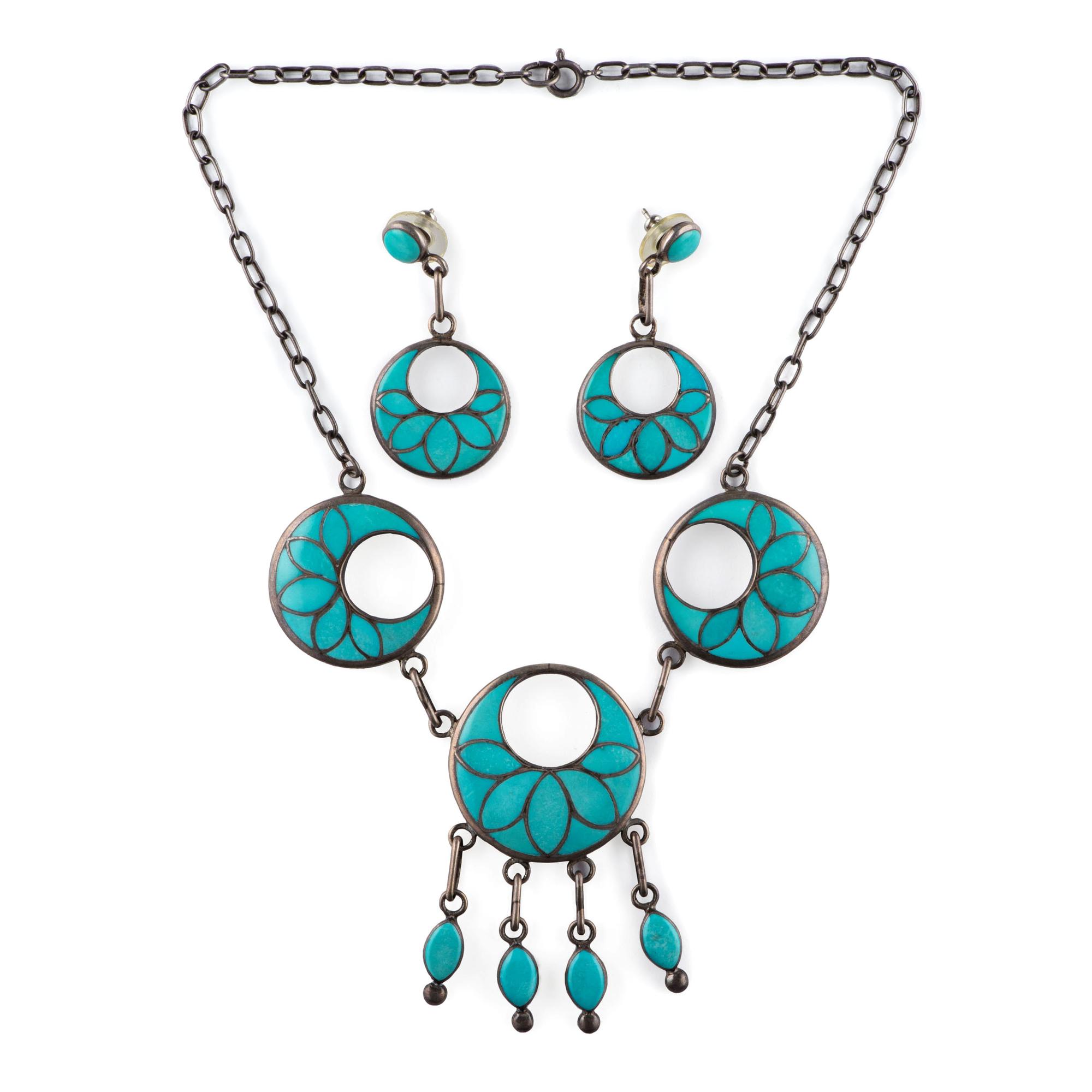 Silver and Turquoise Channel Inlay Necklace and Post Earring Set