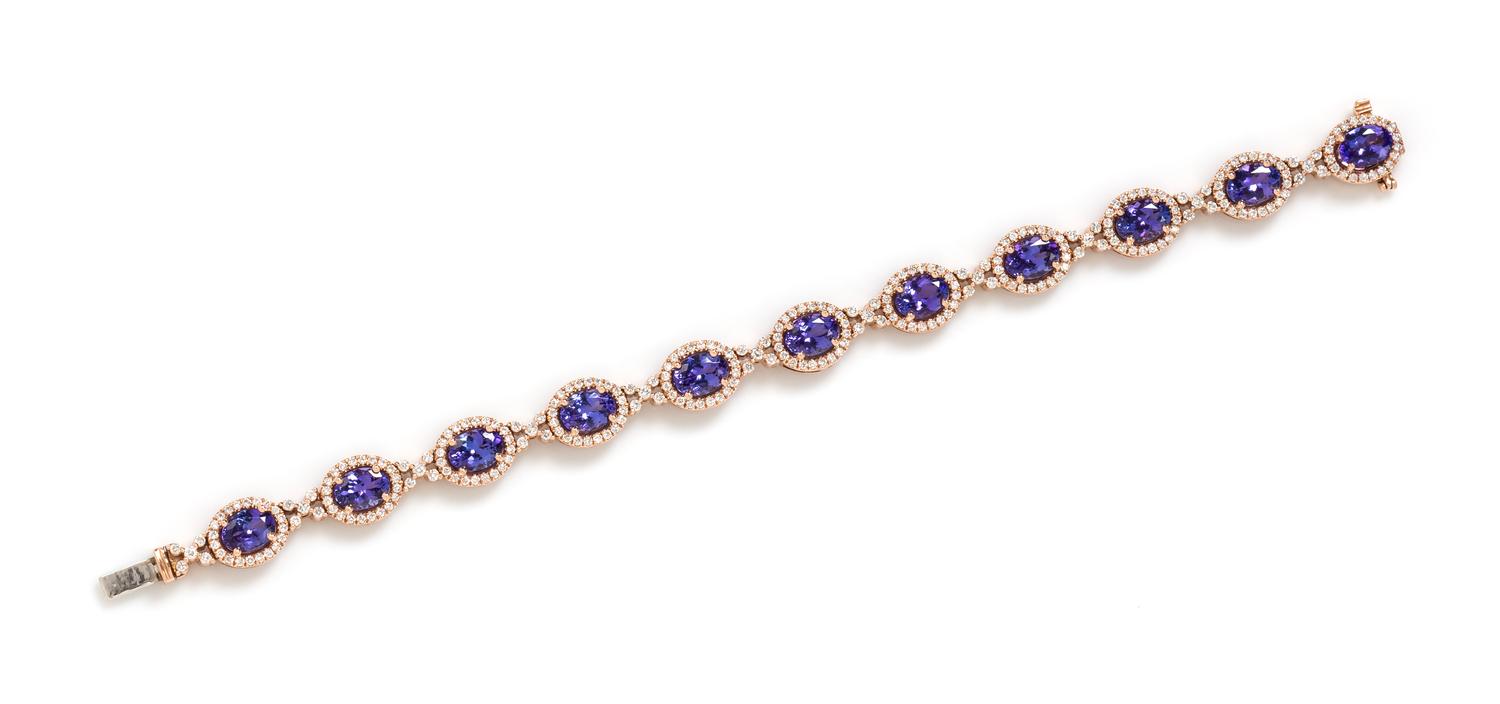 A 14 Karat Rose Gold, Tanzanite and Diamond Bracelet, 13.90 dwts.
