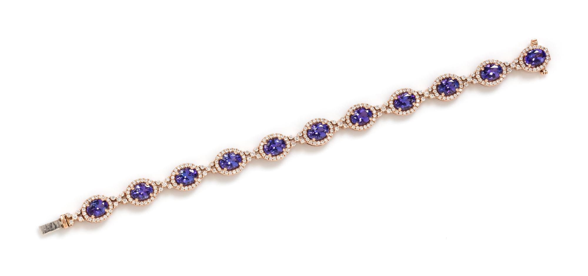 A 14 Karat Rose Gold, Tanzanite and Diamond Bracelet, 13.90 dwts.